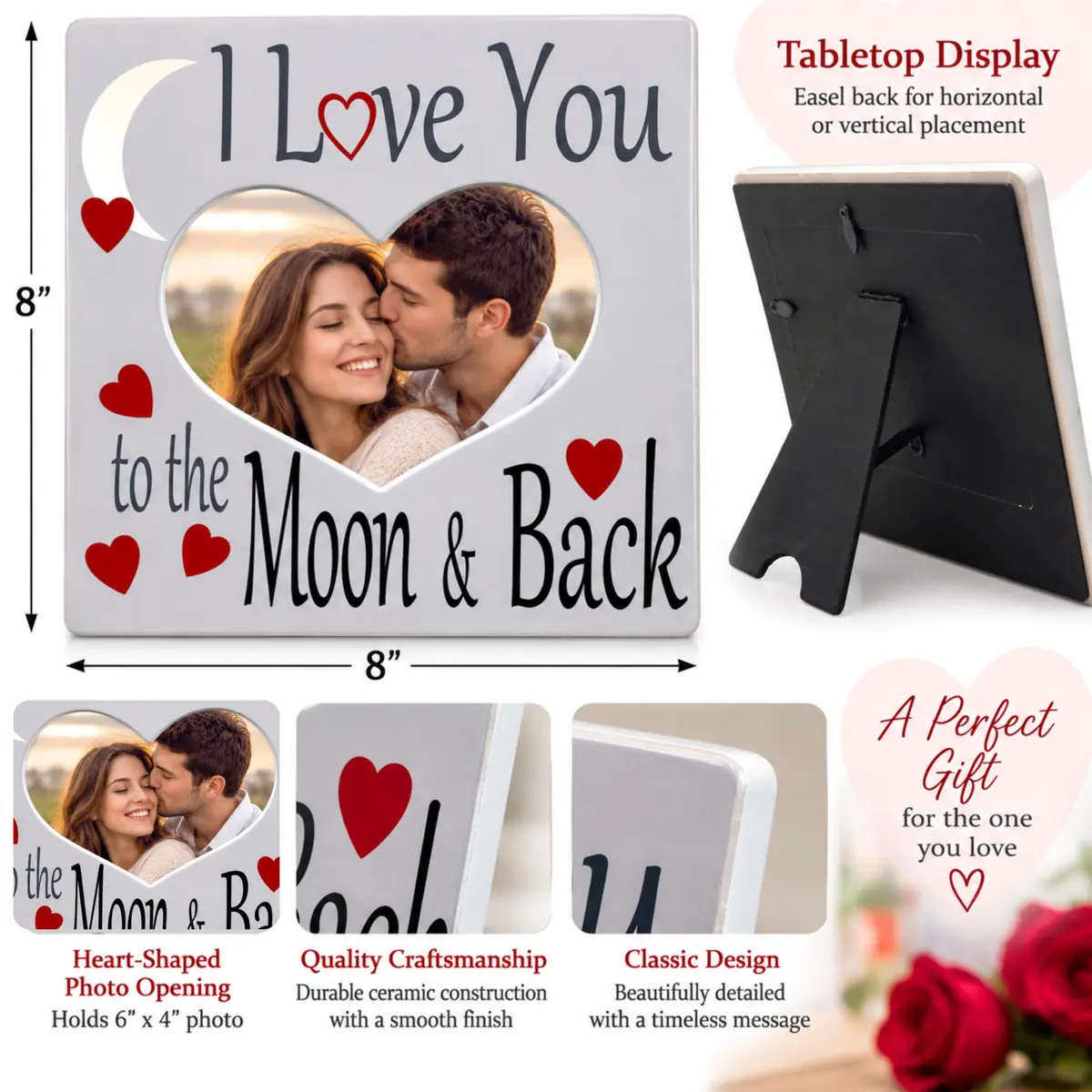 BANBERRY DESIGNS I Love You to the Moon and Back Photo Frame | Heart Shaped Romantic Gift for Her, 8x8 - view 3