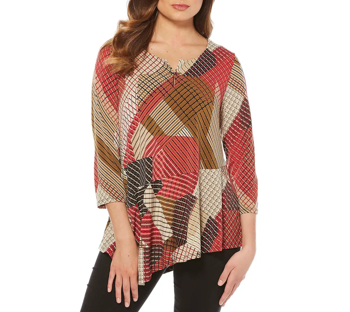 Rafaella Missy Striped Asymmetrical Tunic in Spanish Red | Comfortable Jersey Fabric with Stylish Hem - main product image