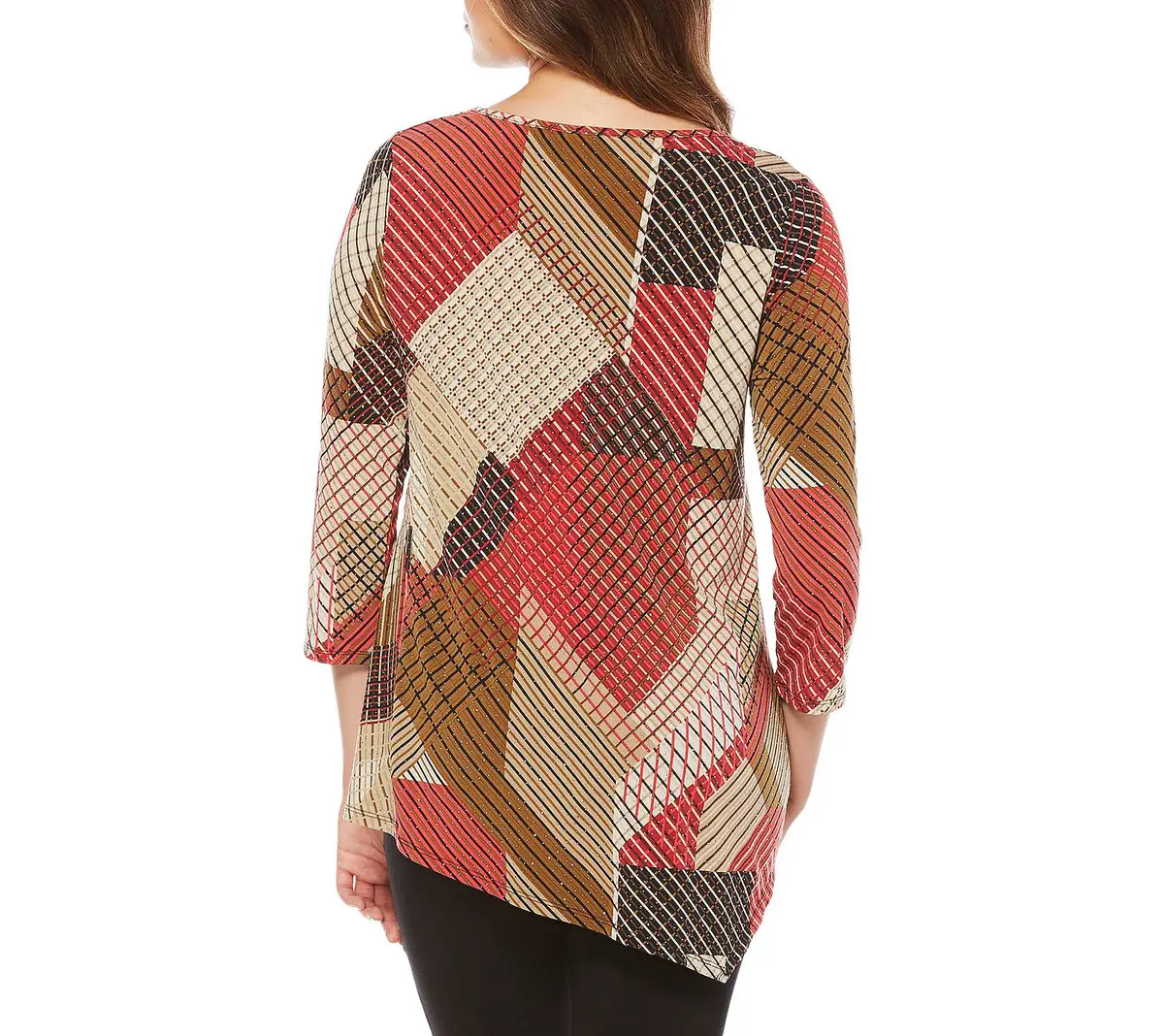 Rafaella Missy Striped Asymmetrical Tunic in Spanish Red | Comfortable Jersey Fabric with Stylish Hem - view 2