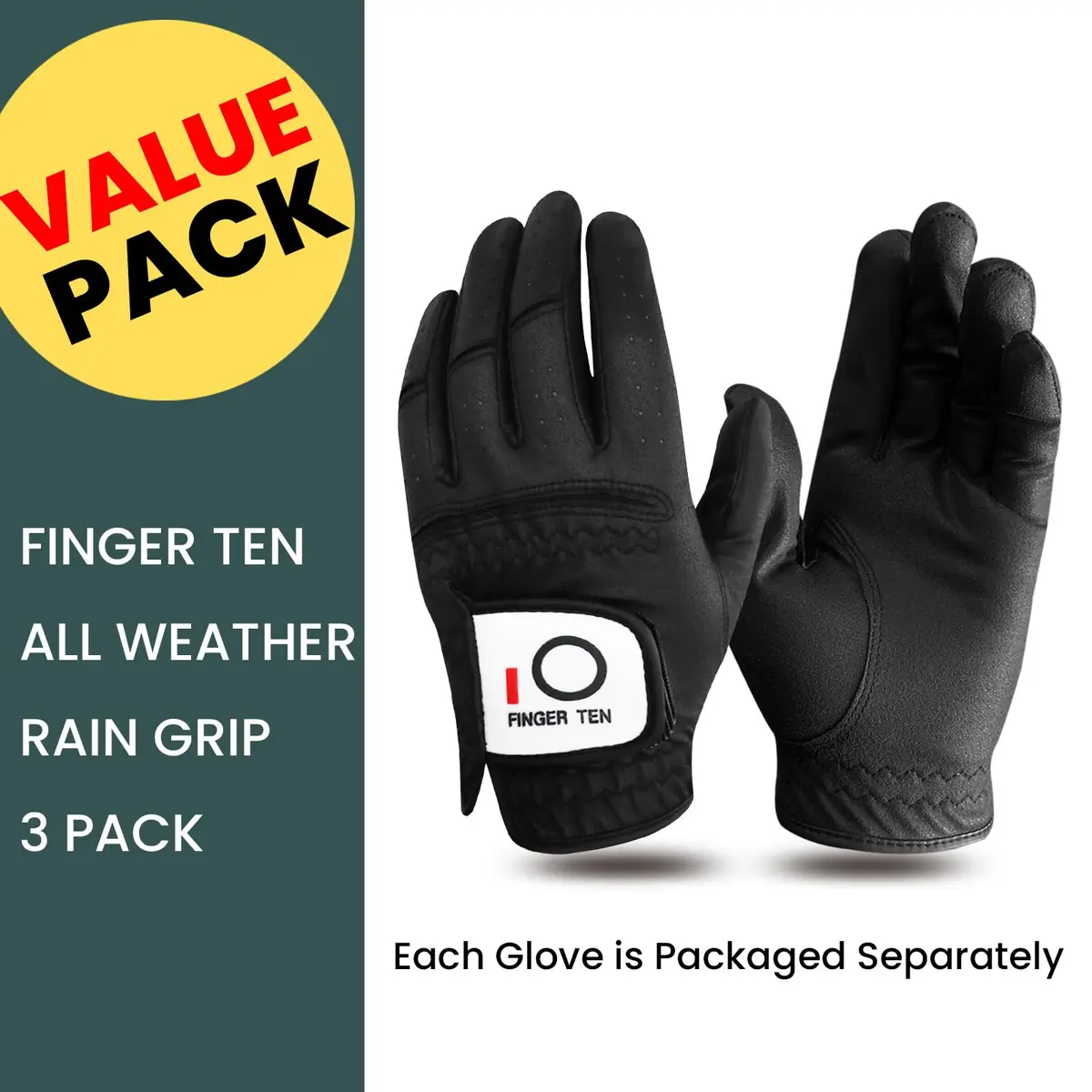 FINGER TEN All Weather Grip Golf Gloves Men 3 Pack (Black, Medium, Left) | Wet & Dry Performance - view 2