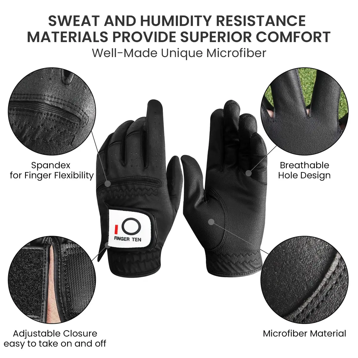 FINGER TEN All Weather Grip Golf Gloves Men 3 Pack (Black, Medium, Left) | Wet & Dry Performance - view 3