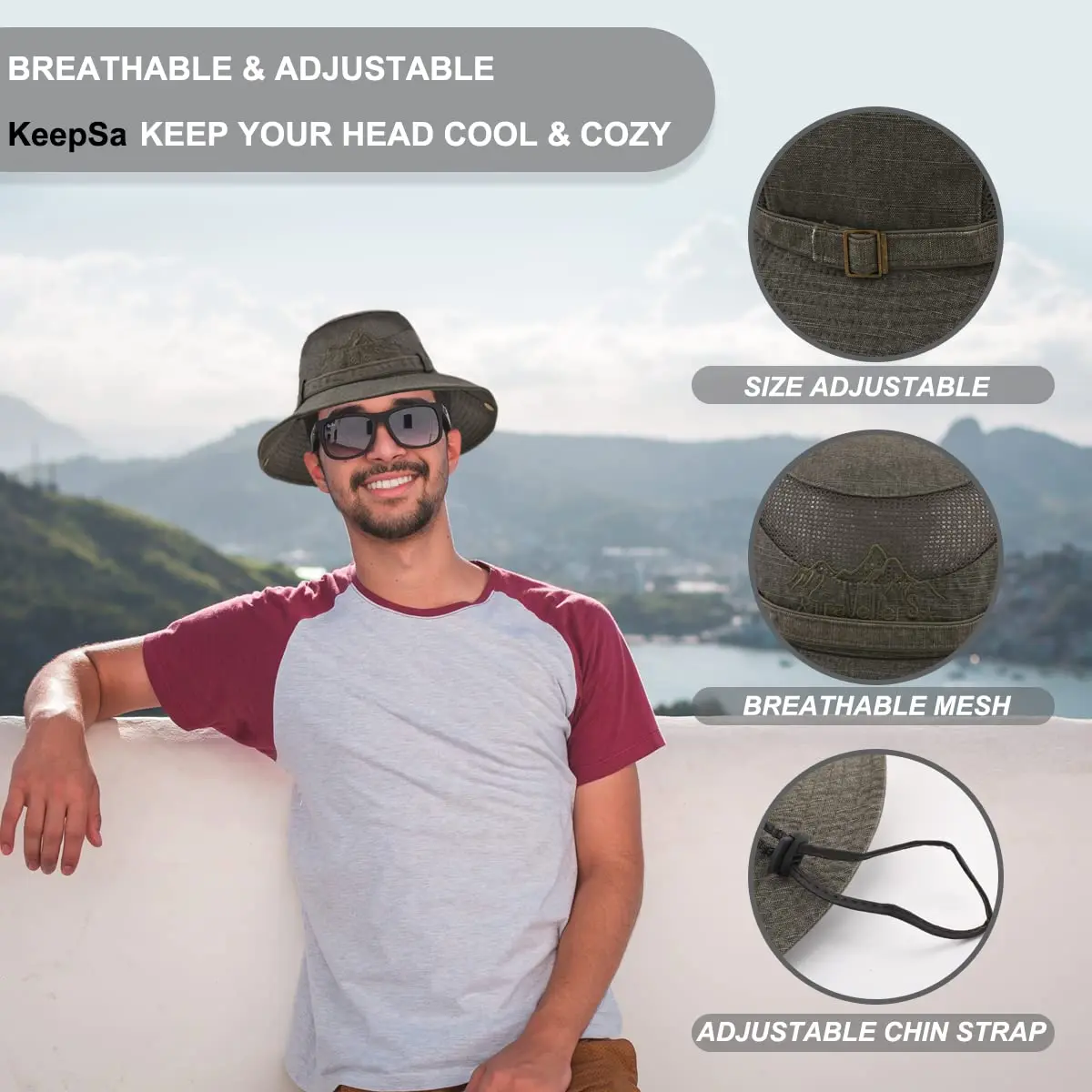KeepSa Cotton Sun Hat Men Wide Brim Bucket Safari Army Green | Breathable, Foldable & UV Sun Protection - view 2