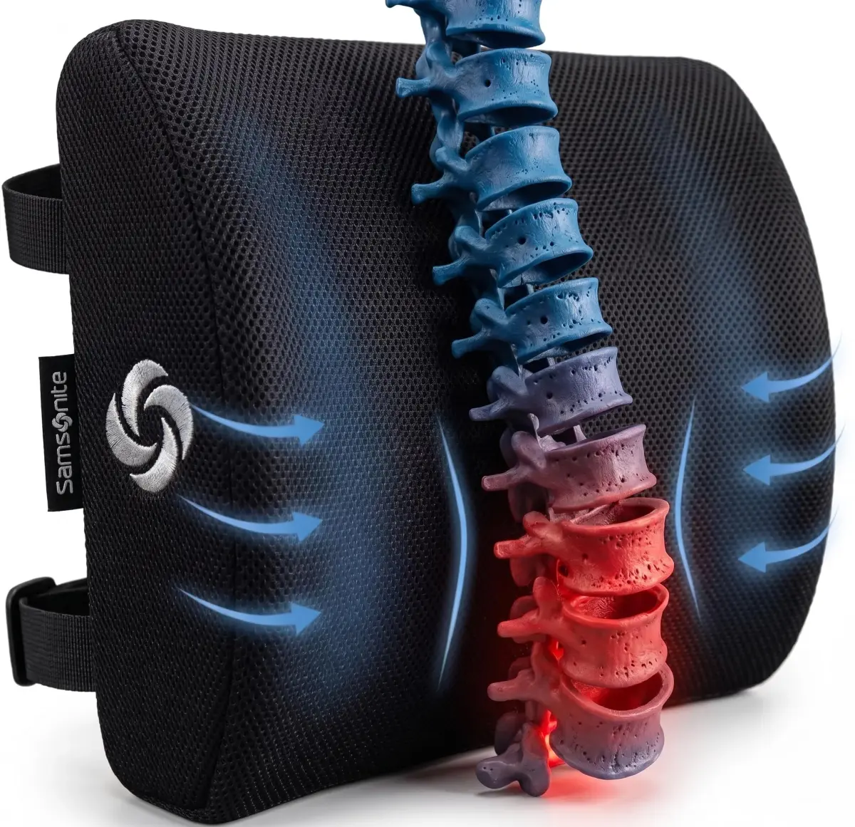 Samsonite Lumbar Support Pillow for Office Chair, Lower Back Support for Car, Back Pillow Desk Chair Cushion with Memory Foam, Improved Posture Backrest (Black Mesh) - main product image