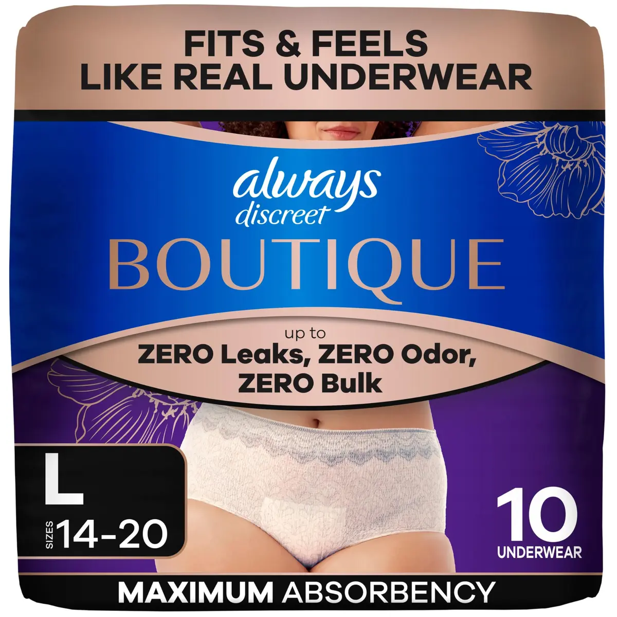 Always Discreet Boutique Incontinence & Postpartum Underwear Large Rosy | Soft, Thin, Leak-Proof Fit - main product image