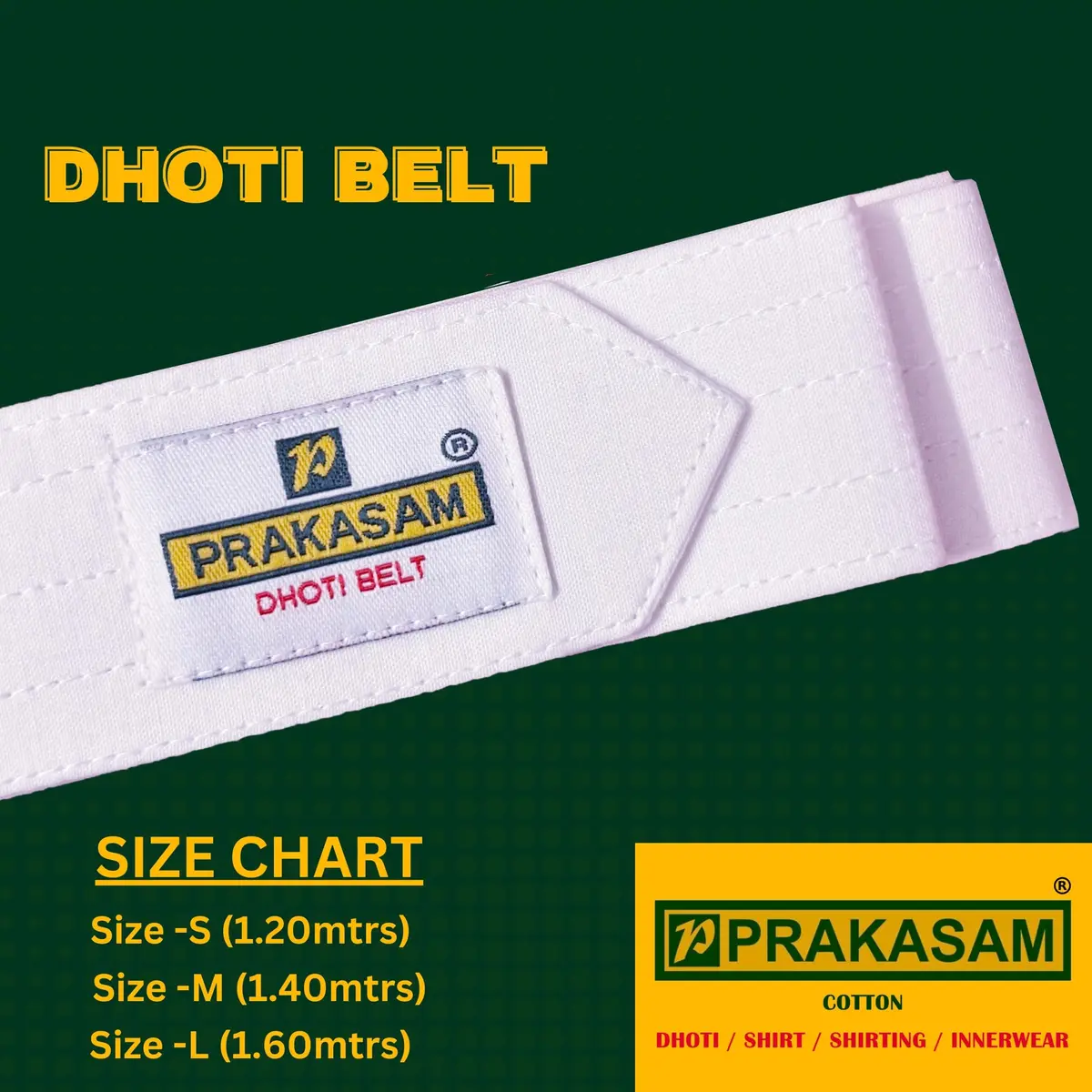 PRAKASAM COTTON Men's Welcro Dhoti Belt Medium White | Traditional Cotton Belt for Men - view 2