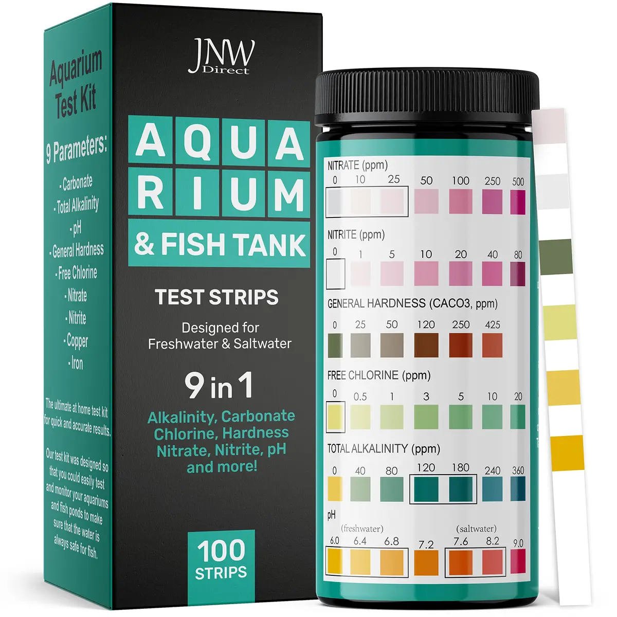 JNW Direct 9-in-1 Aquarium Test Strips - 100 Count | Freshwater & Saltwater Water Quality Testing - main product image