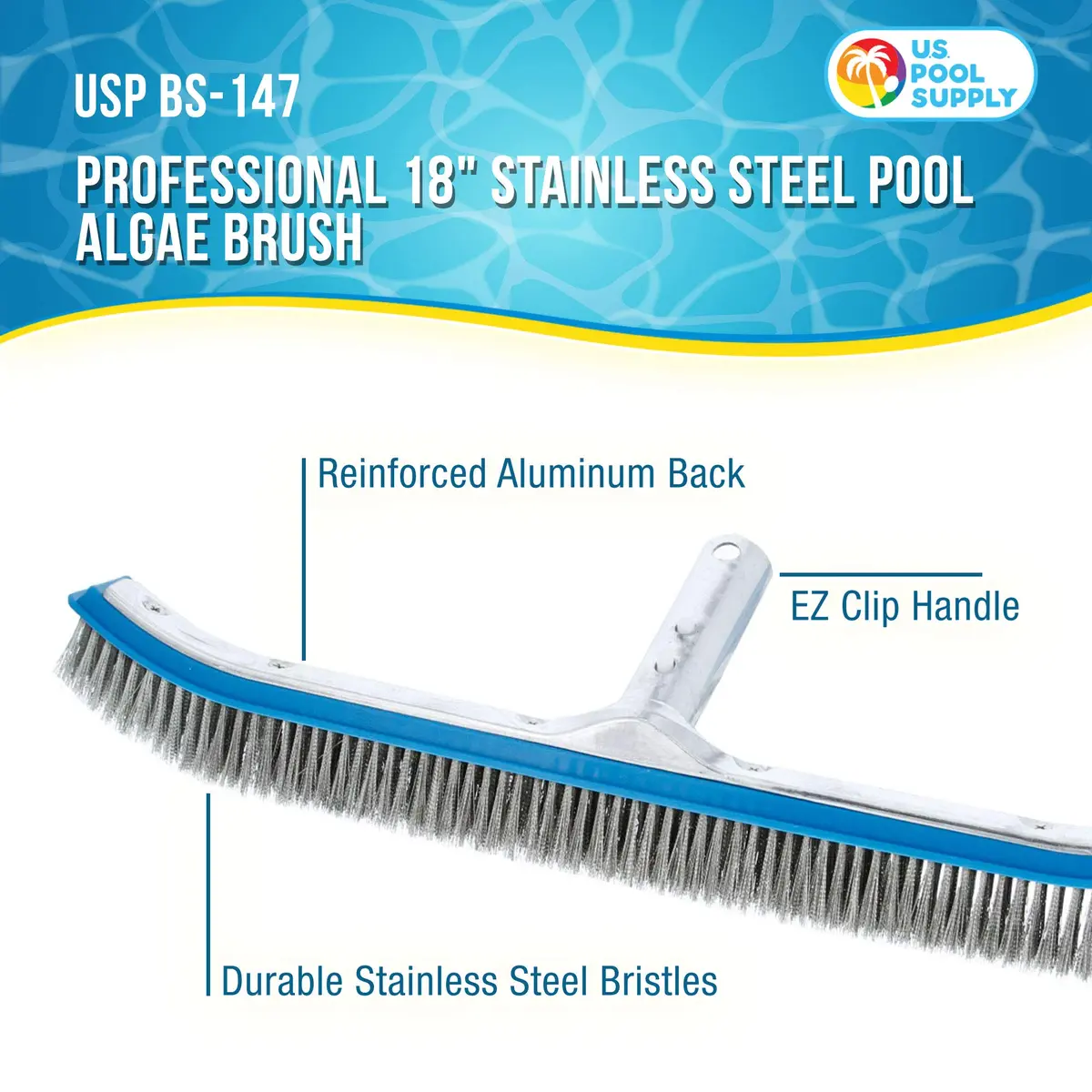 U.S. Pool Supply 18" Pool Brush Head for Inground Pools, Stainless Steel | Heavy-Duty Pool Cleaning Tool - view 2