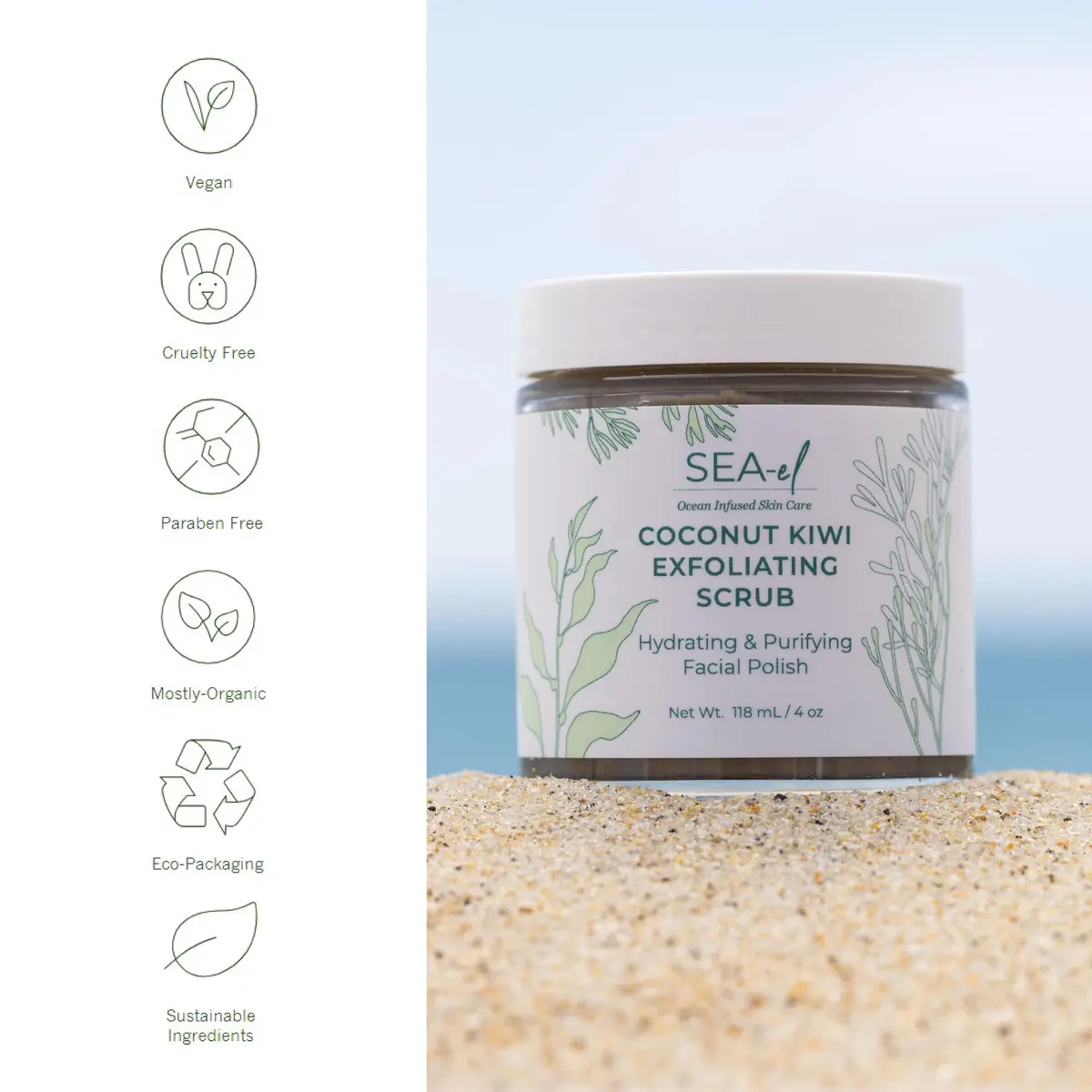 Sea-El Coconut Kiwi Exfoliating Face Scrub 4 Oz | Hydrating, Calming & Purifying - view 3