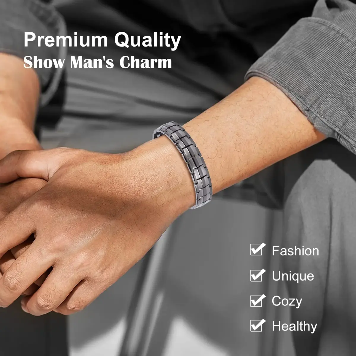 JEROOT Magnetic Bracelet for Men, Pure Titanium Double Row 3500 Gauss Magnets | 22cm (8.6 inches) Adjustable - view 2