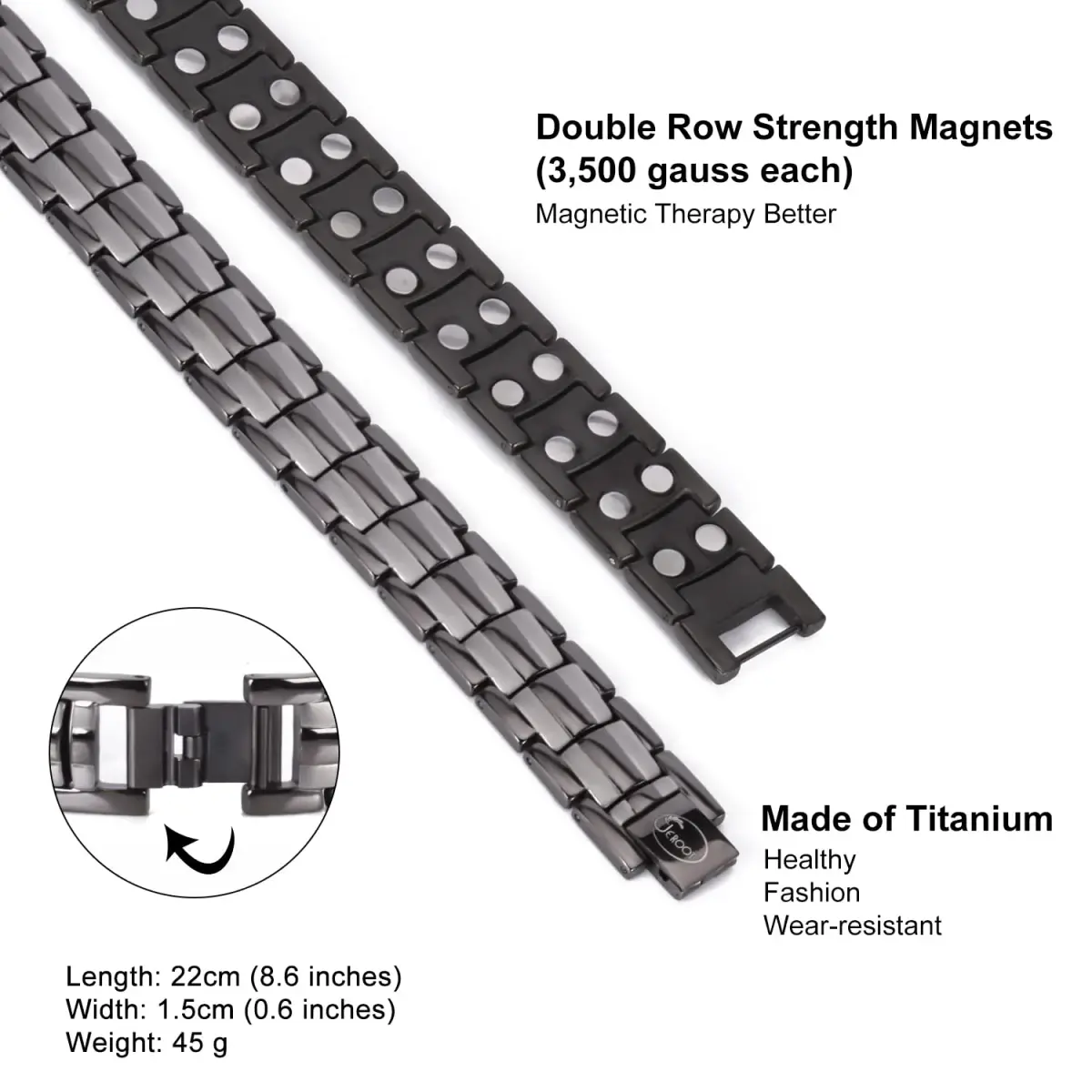 JEROOT Magnetic Bracelet for Men, Pure Titanium Double Row 3500 Gauss Magnets | 22cm (8.6 inches) Adjustable - view 4