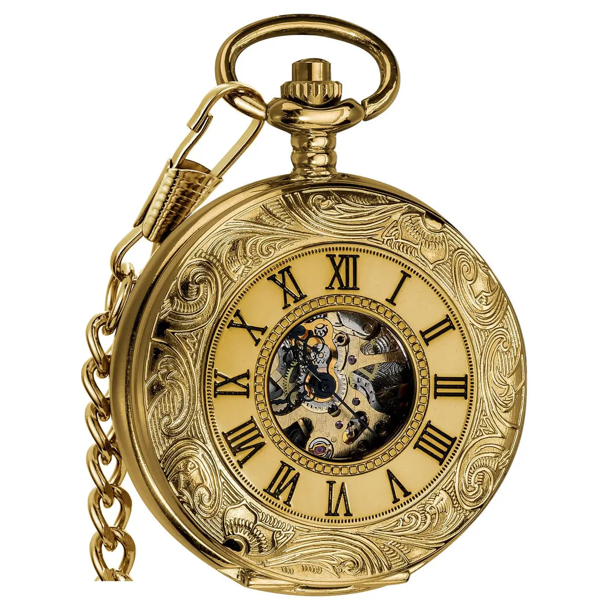 VIGOROSO Mechanical Pocket Watch for Men Gold with Chain | Vintage Skeleton Dial, 4.6cm Diameter, Hand Wind, Classic Style - main product image