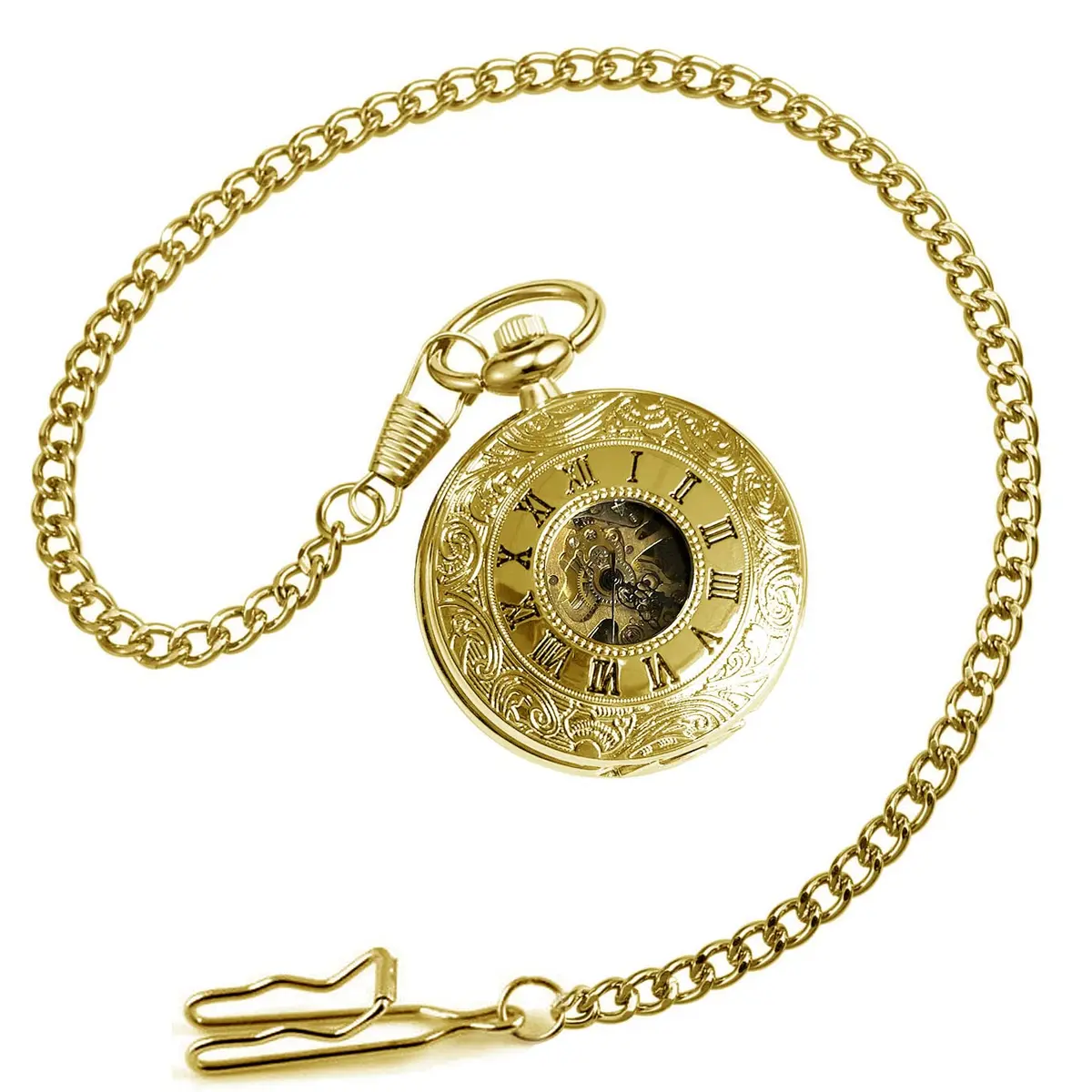 VIGOROSO Mechanical Pocket Watch for Men Gold with Chain | Vintage Skeleton Dial, 4.6cm Diameter, Hand Wind, Classic Style - view 6