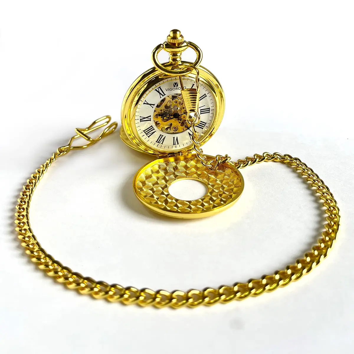 VIGOROSO Mechanical Pocket Watch for Men Gold with Chain | Vintage Skeleton Dial, 4.6cm Diameter, Hand Wind, Classic Style - view 8