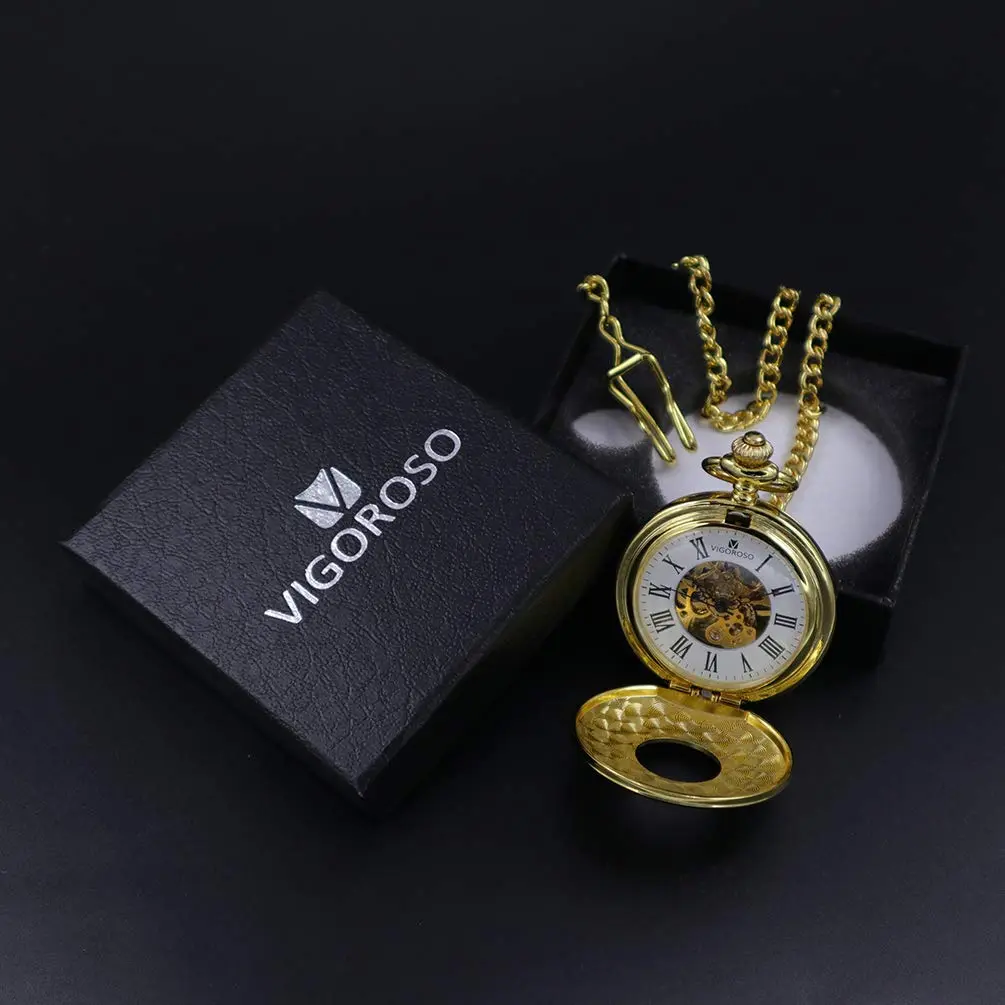VIGOROSO Mechanical Pocket Watch for Men Gold with Chain | Vintage Skeleton Dial, 4.6cm Diameter, Hand Wind, Classic Style - view 9