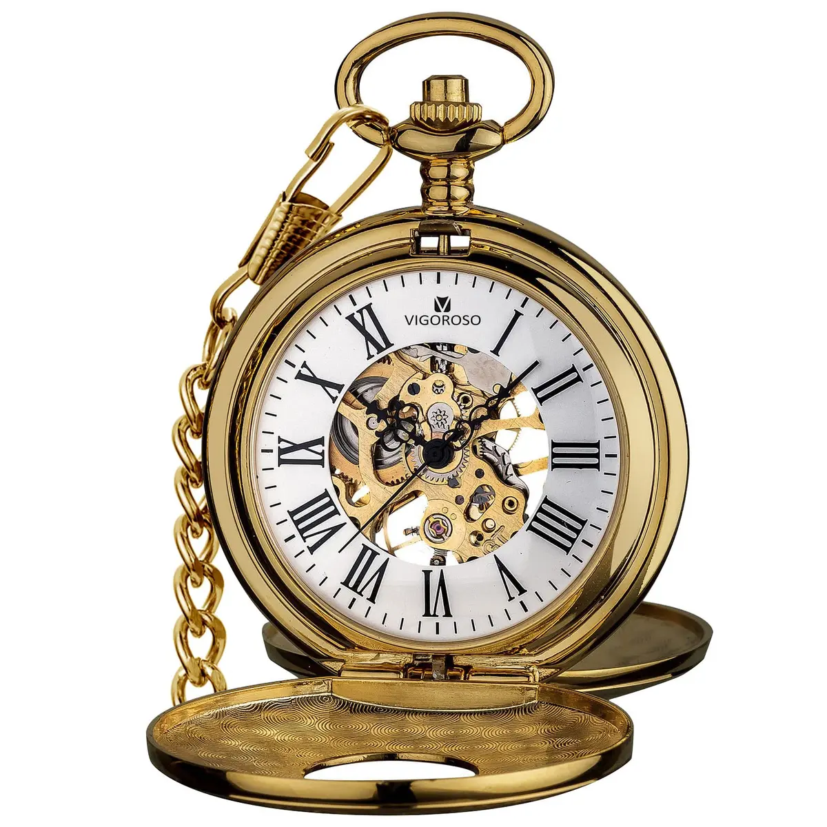 VIGOROSO Mechanical Pocket Watch for Men Gold with Chain | Vintage Skeleton Dial, 4.6cm Diameter, Hand Wind, Classic Style - view 2