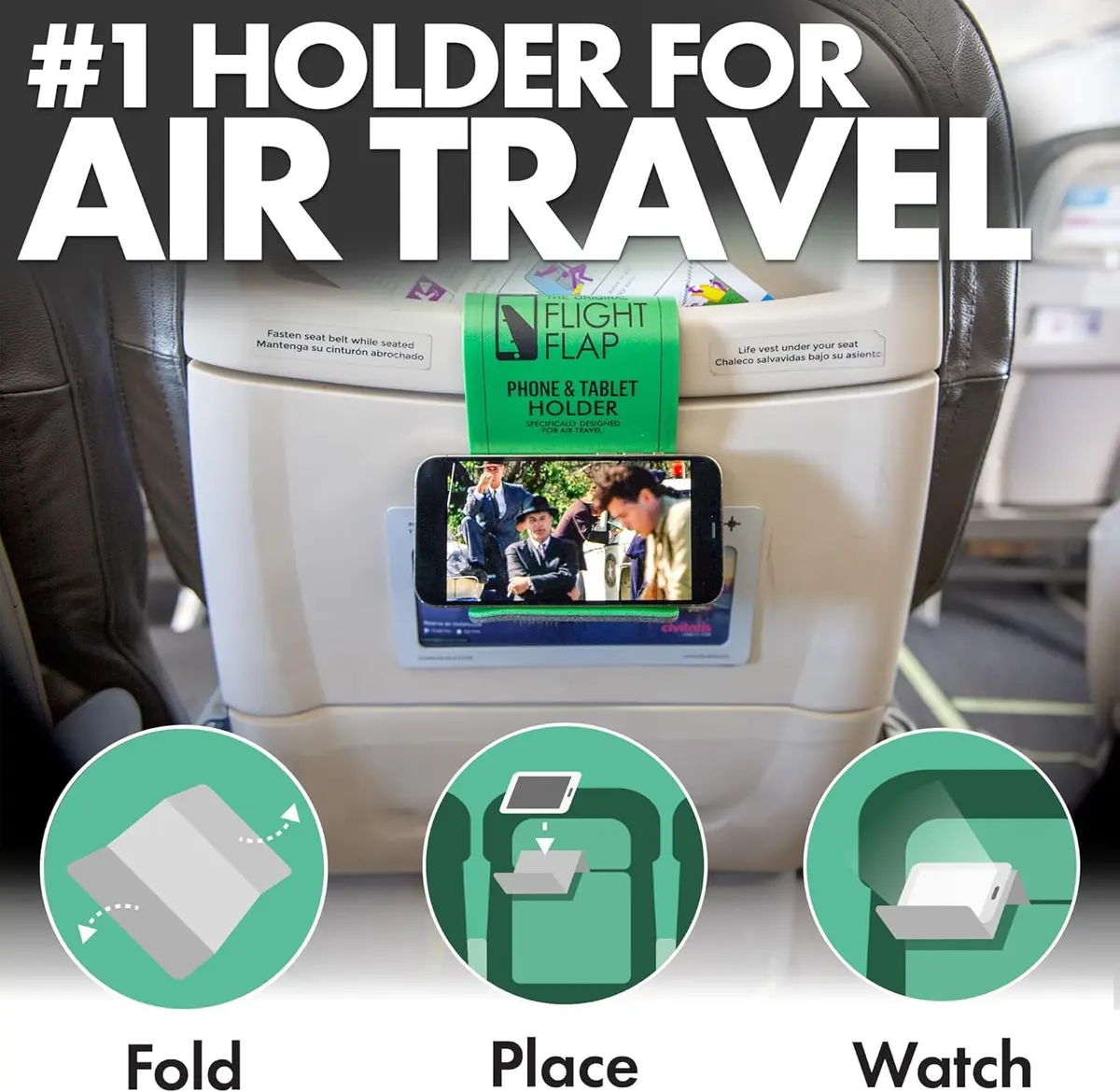 Flight Flap Airplane Phone Holder, Flexible Folding Cellphone Stand, Green | Travel & Long Flight Accessory - view 2