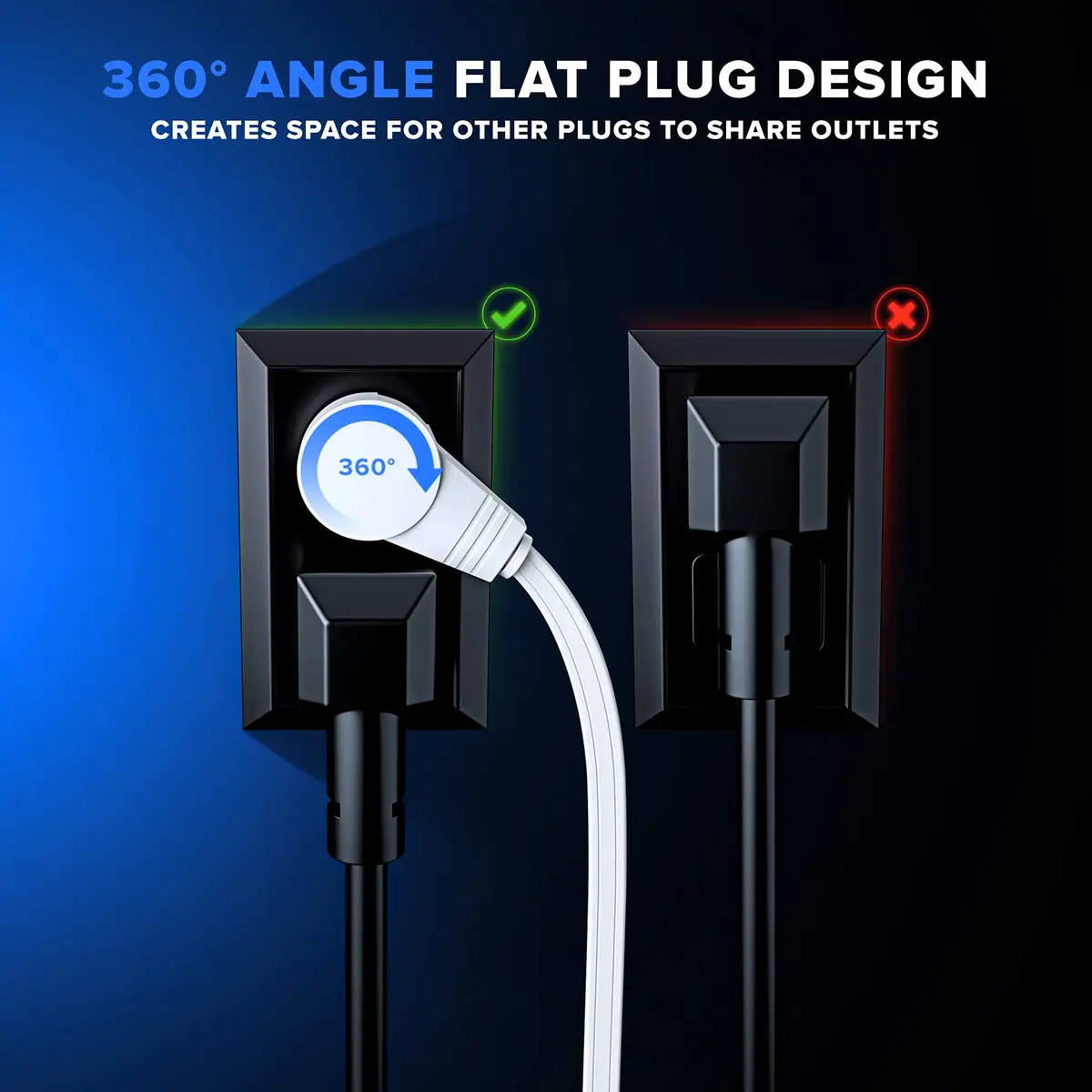 Maximm 1 Ft UL 360° Rotating Flat Plug Extension Cord, 3-Outlet, 16/3 AWG | Space-Saving Design for Indoor Use - view 7