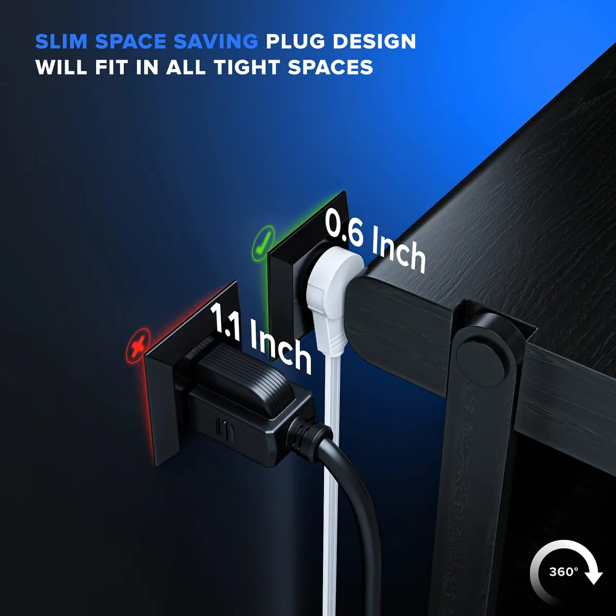 Maximm 1 Ft UL 360° Rotating Flat Plug Extension Cord, 3-Outlet, 16/3 AWG | Space-Saving Design for Indoor Use - view 2