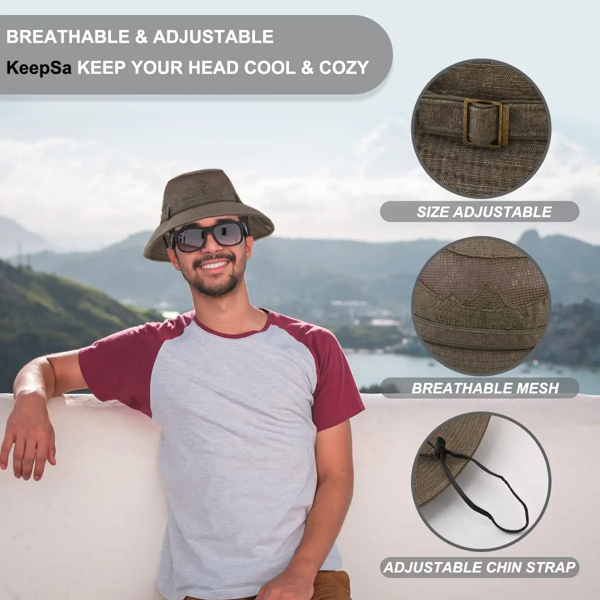 KeepSa Cotton Sun Hat Men Wide Brim Bucket Safari Boonie | Breathable, Foldable & UV Resistant (70-120c) - view 2