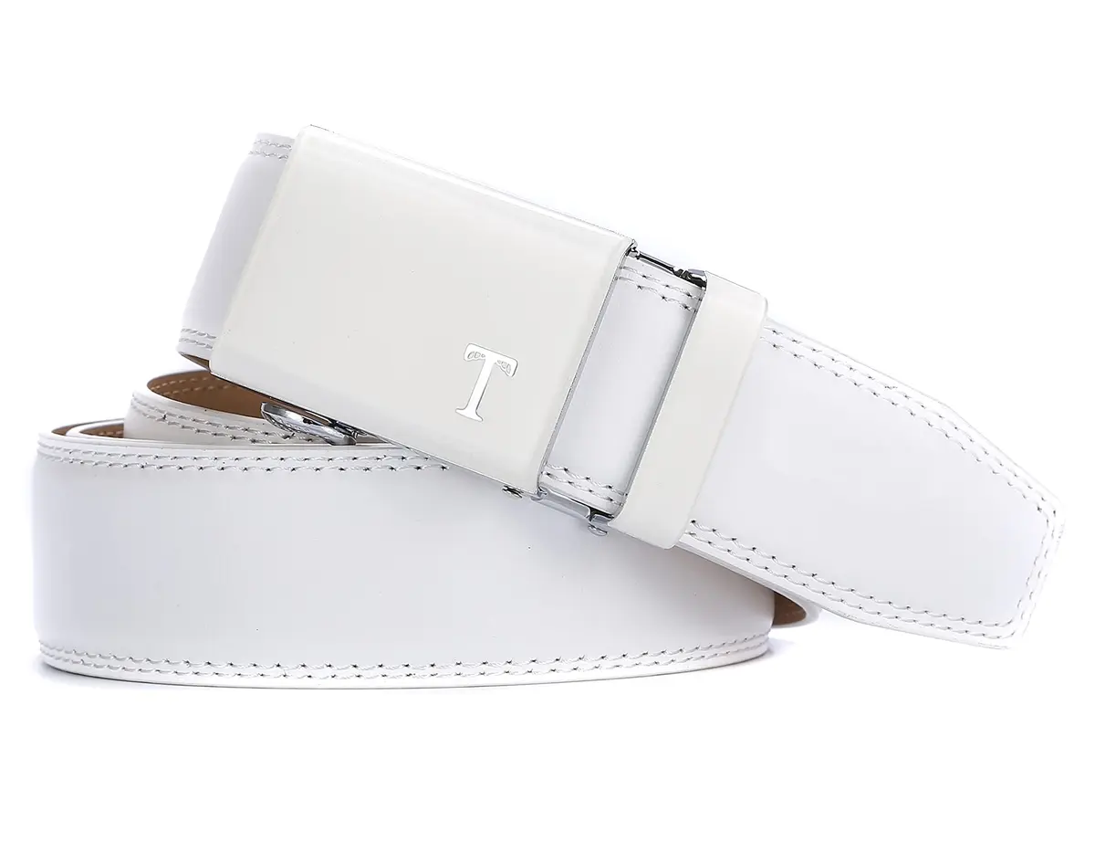 Tonywell Leather Ratchet Belt 32"-45" | Adjustable White Leather & Buckle - view 3