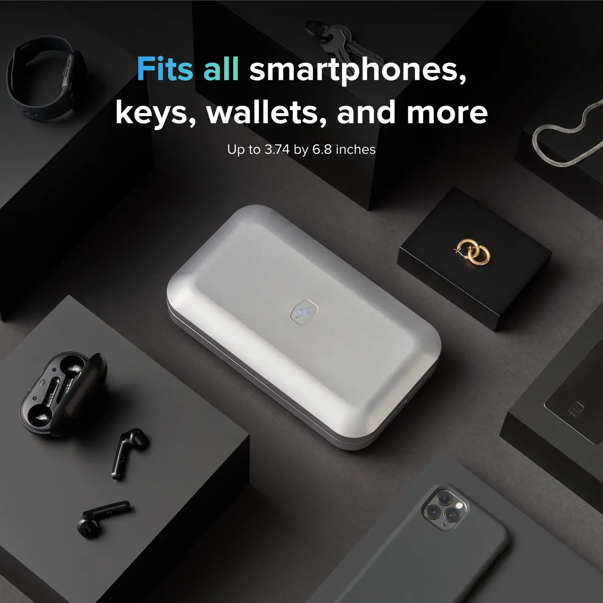 PhoneSoap 3 UV Phone Sanitizer Box & Dual Charger | 360° UVC Disinfection, Silver - view 5