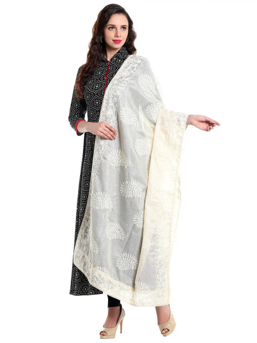 DUPATTA BAZAAR Women's Embroidered Ivory Cotton Kota Doria Dupatta | Handloom Weave - main product image