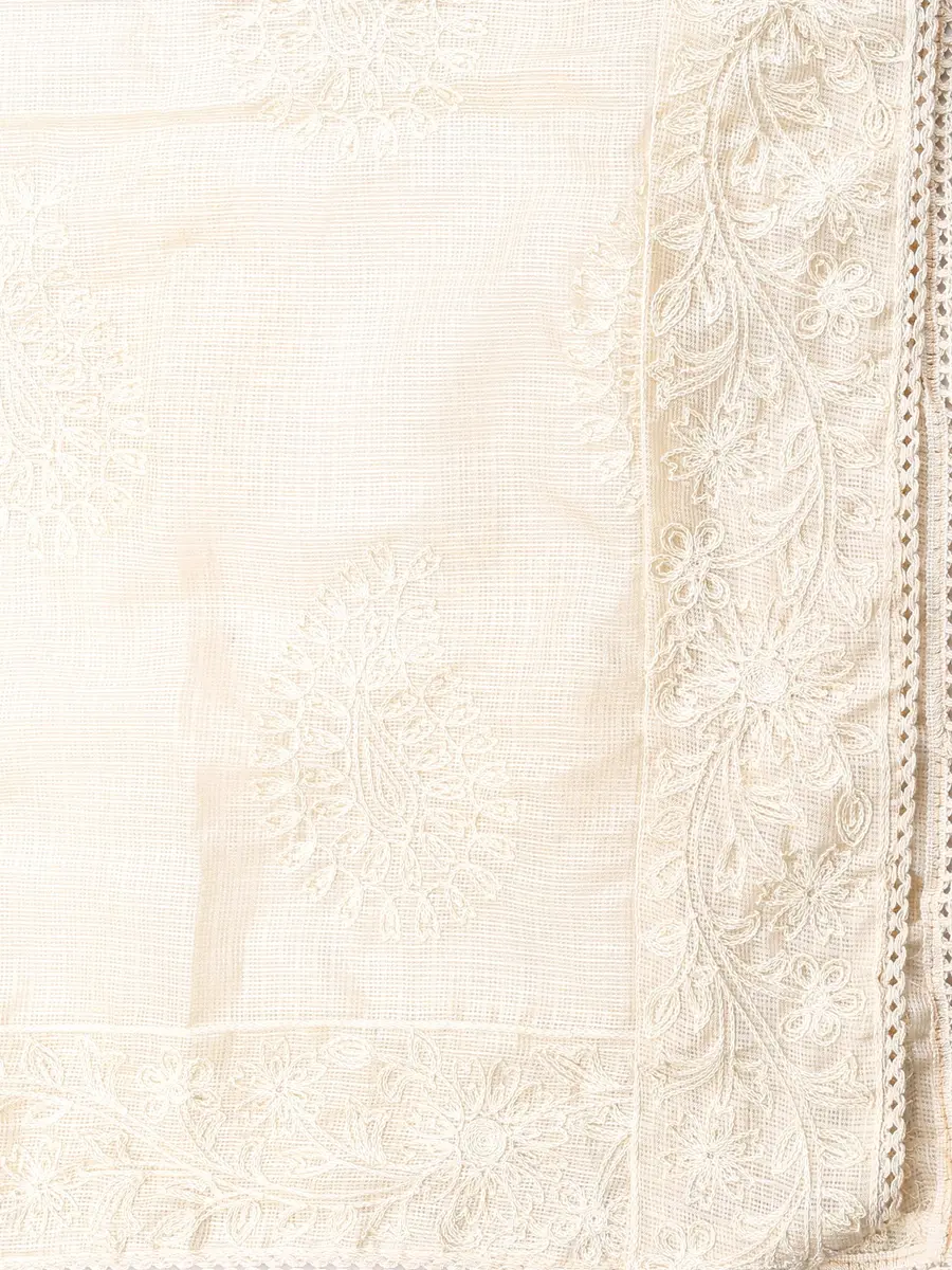 DUPATTA BAZAAR Women's Embroidered Ivory Cotton Kota Doria Dupatta | Handloom Weave - view 5