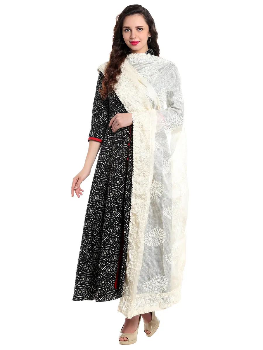 DUPATTA BAZAAR Women's Embroidered Ivory Cotton Kota Doria Dupatta | Handloom Weave - view 2
