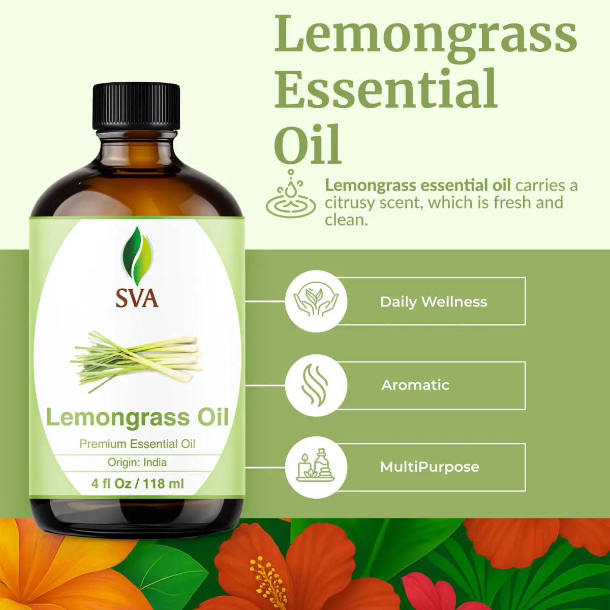 SVA ORGANICS Organic Lemongrass Essential Oil - 4 Fl Oz (118 mL) - Pure & Natural - view 2