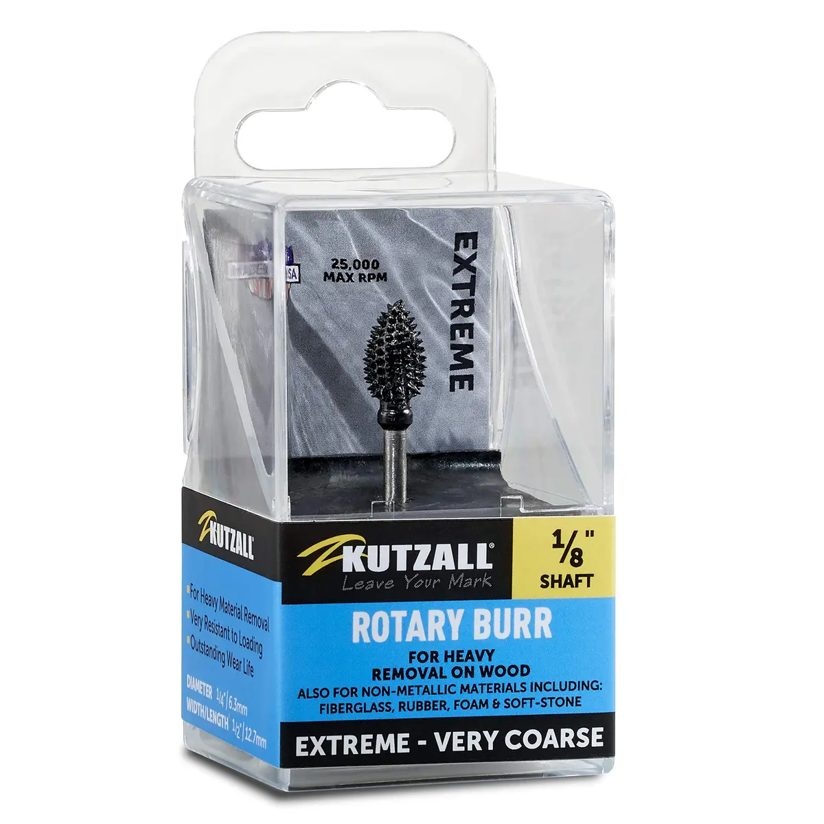 Kutzall Extreme Flame Rotary Burr 1⁄8" Shaft Very Coarse | Heavy Material Removal for Wood & Non-Metallics - main product image