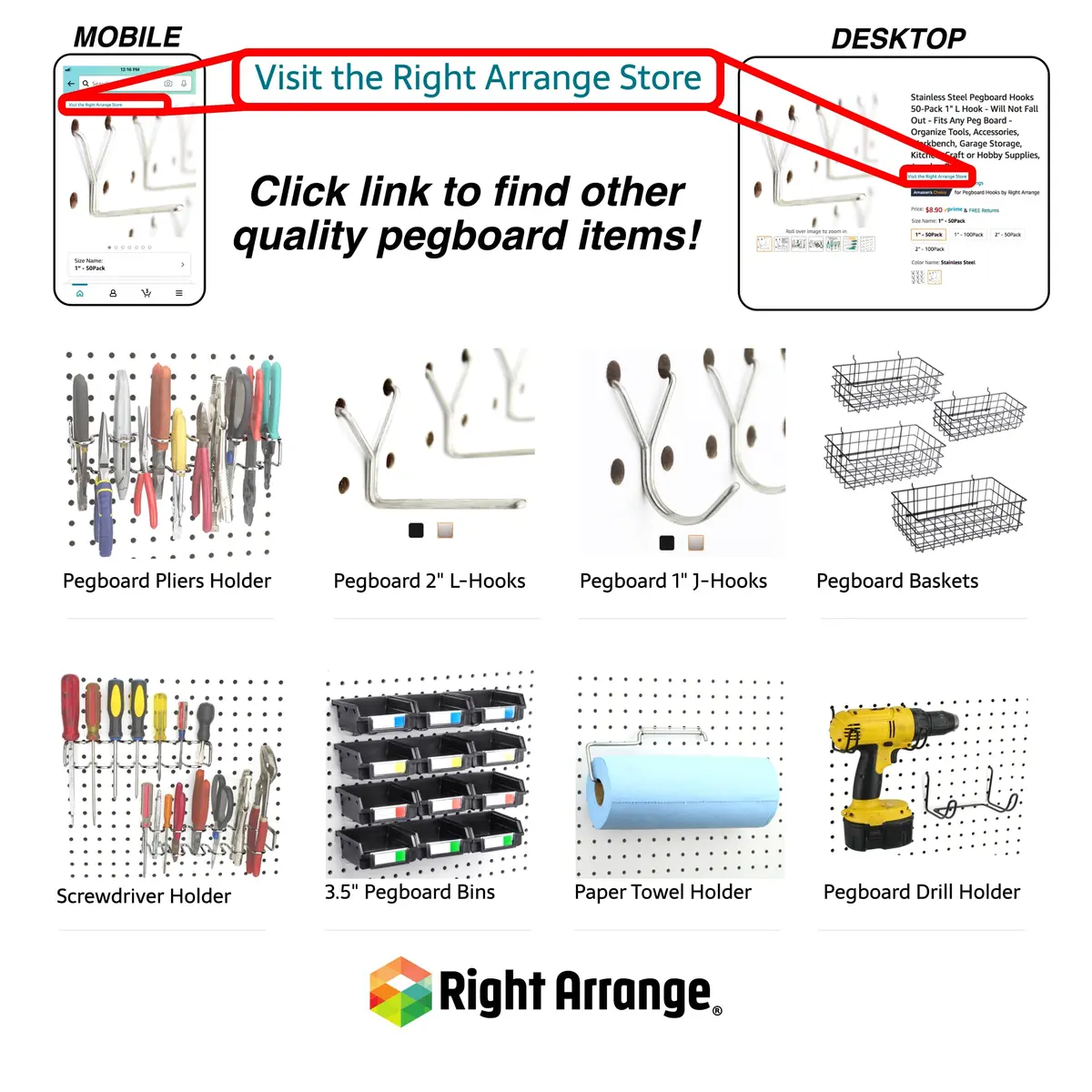 Right Arrange Pegboard Bins - 12 Pack Black | Organize Hardware & Small Parts - view 6