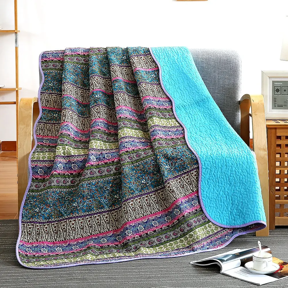 NEWLAKE Reversible Floral Patchwork Quilt Throw Blanket 60x78 Inch | Cotton, Blue Jacquard - main product image