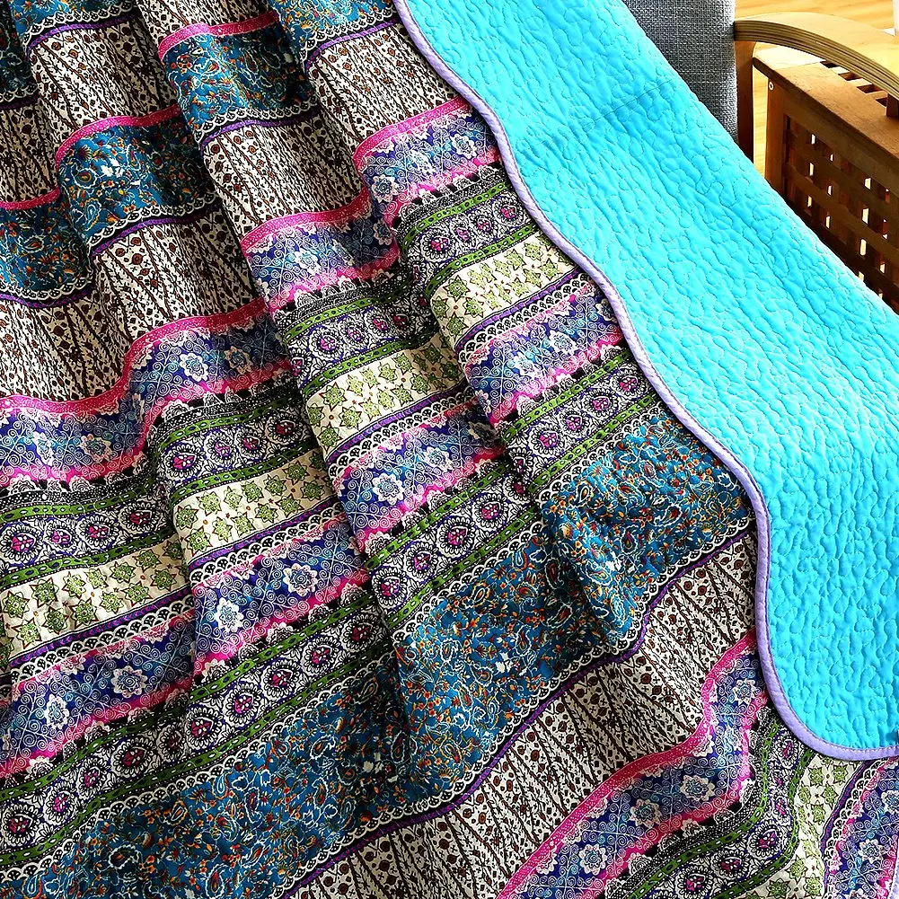 NEWLAKE Reversible Floral Patchwork Quilt Throw Blanket 60x78 Inch | Cotton, Blue Jacquard - view 2