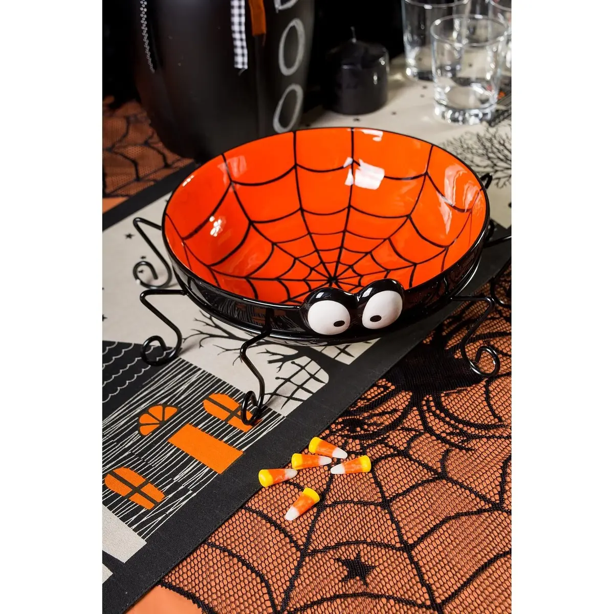 DII Halloween Black Stars Round Tablecloth 70 inches (178 cm) | Spooky Spider & Orange Border - view 5