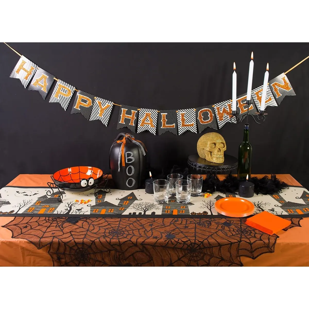 DII Halloween Black Stars Round Tablecloth 70 inches (178 cm) | Spooky Spider & Orange Border - view 3