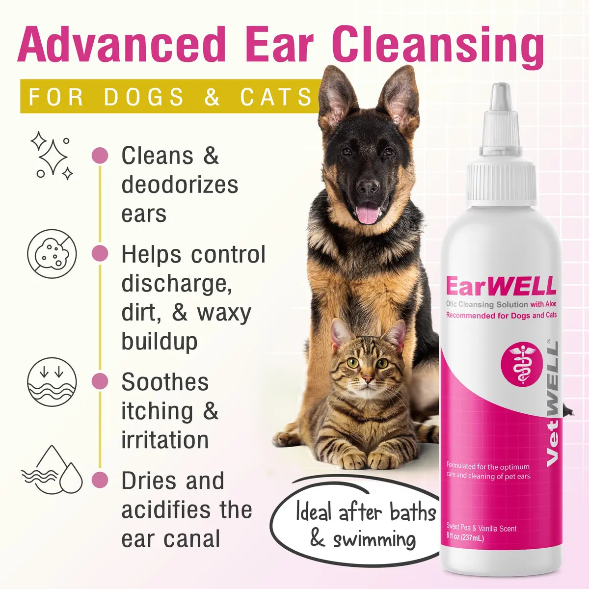VetWELL Ear Cleaner for Dogs and Cats - Sweet Pea Vanilla - 8 oz | Gentle Deodorizing & Cleaning - view 2