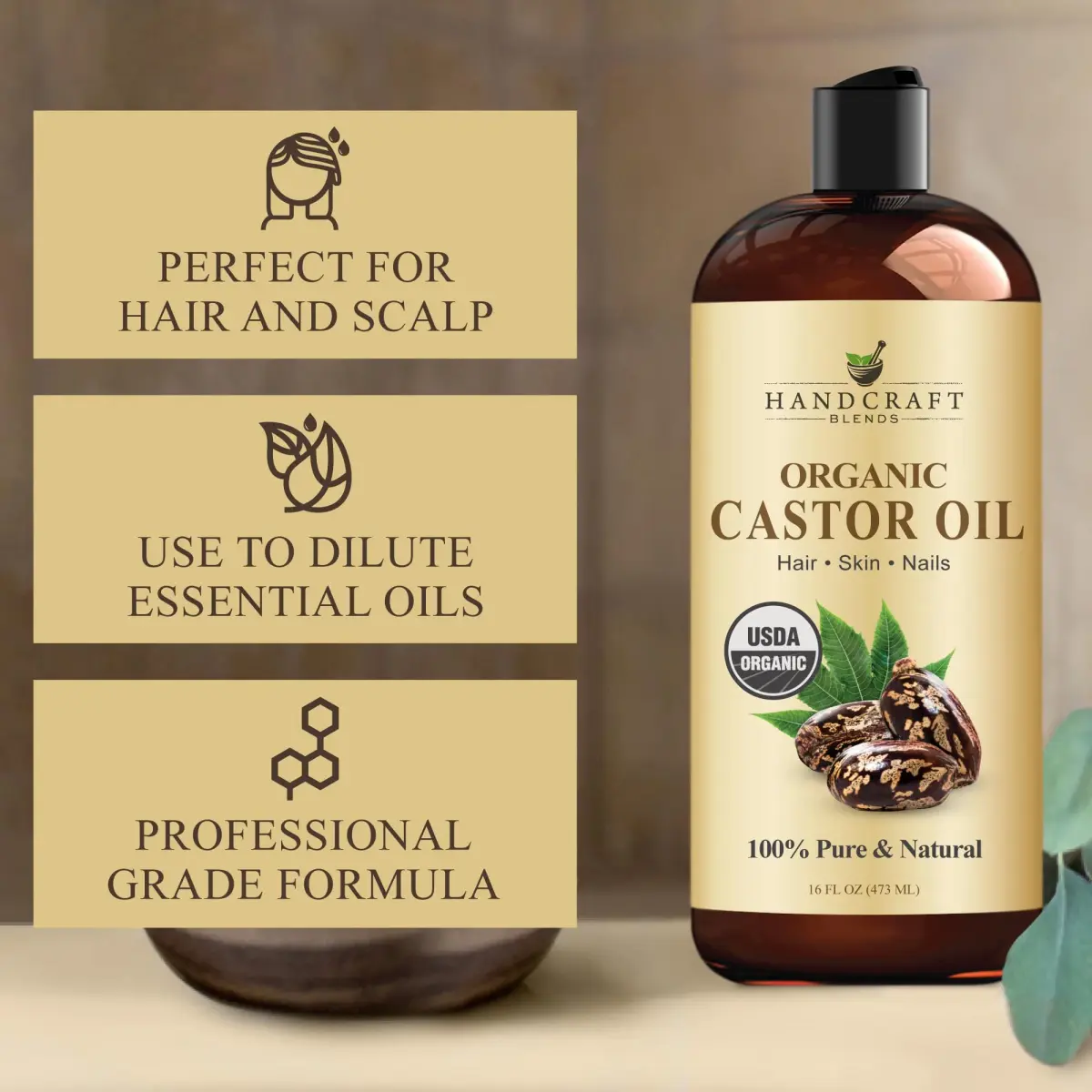Handcraft Blends Organic Castor Oil 473ml (16 Fl Oz) | USDA Organic, Pure & Natural Carrier Oil for Hair Growth, Skin & Body - view 2