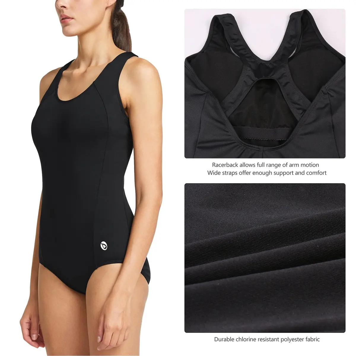 baleaf Women's Athletic Swimsuits Racerback One Piece Black 38 | Chlorine-Resistant, Supportive Fit - view 4