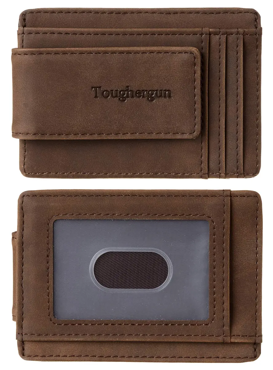 Toughergun Slim Wallet for Men RFID Blocking Money Clip, Minimalist Front Pocket Credit Card Holder, Magnetic Thin Mens Wallets with ID Window (Coffee, 4" x 3" x 0.3") - main product image
