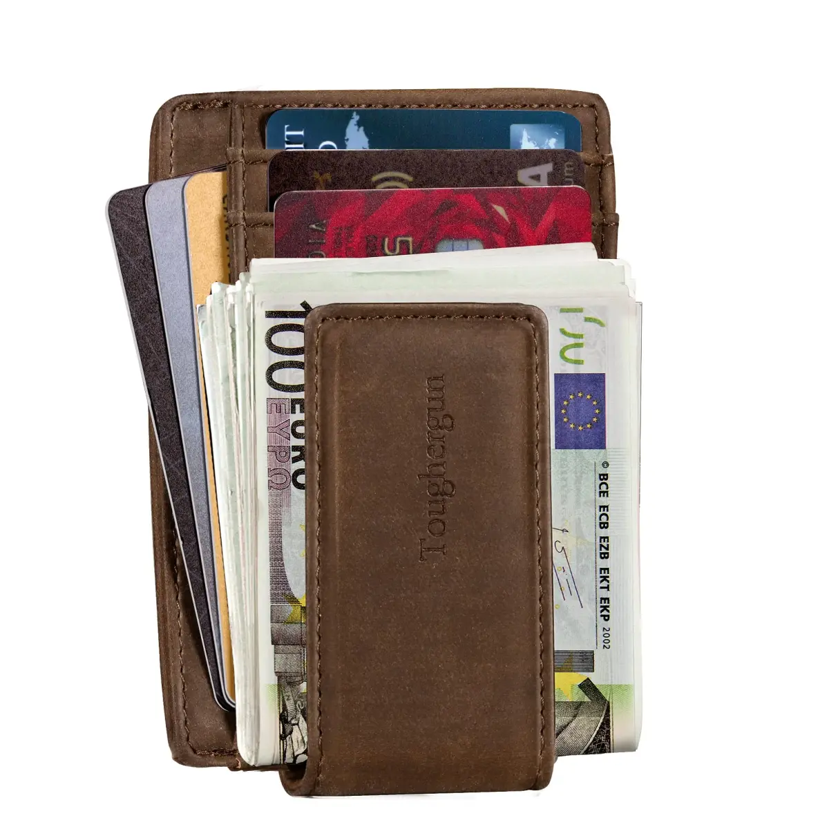Toughergun Slim Wallet for Men RFID Blocking Money Clip, Minimalist Front Pocket Credit Card Holder, Magnetic Thin Mens Wallets with ID Window (Coffee, 4" x 3" x 0.3") - view 3