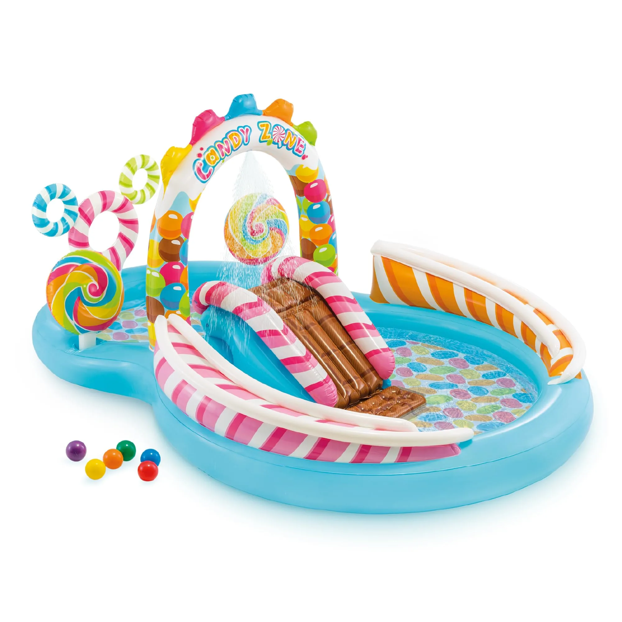 Intex Candy Zone Inflatable Kiddie Pool with Water Sprayer and Slide, 116" x 75" x 51" | ASTM-Tested Splash Pad for Kids Ages 3+ - main product image