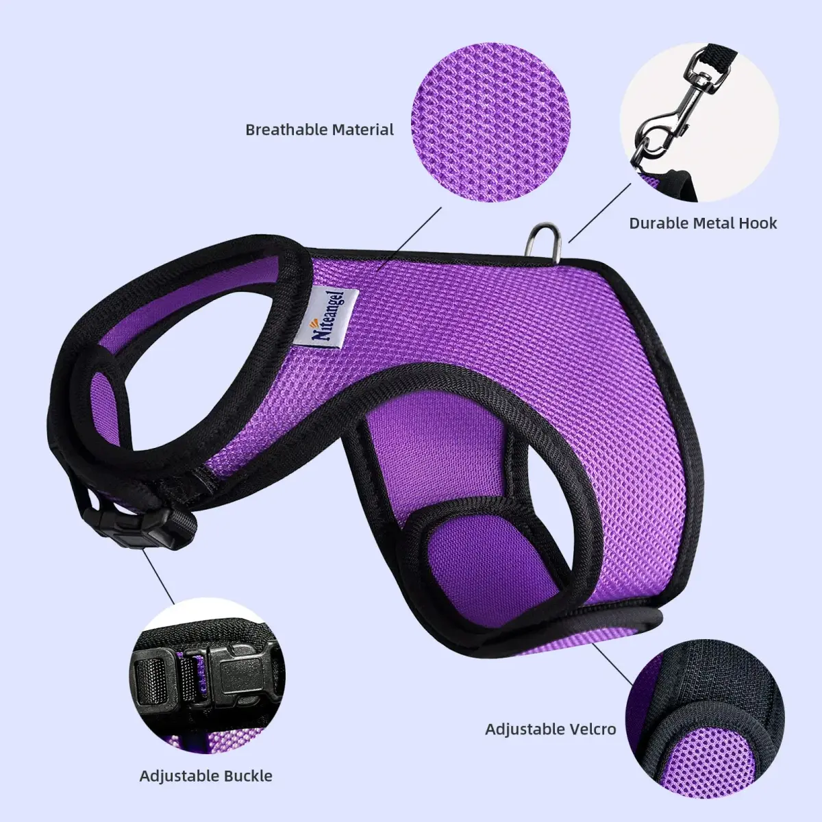 Niteangel Adjustable Soft Harness with Elastic Leash for Rabbits (L, Purple) | Escape-Proof & Breathable Mesh - view 2