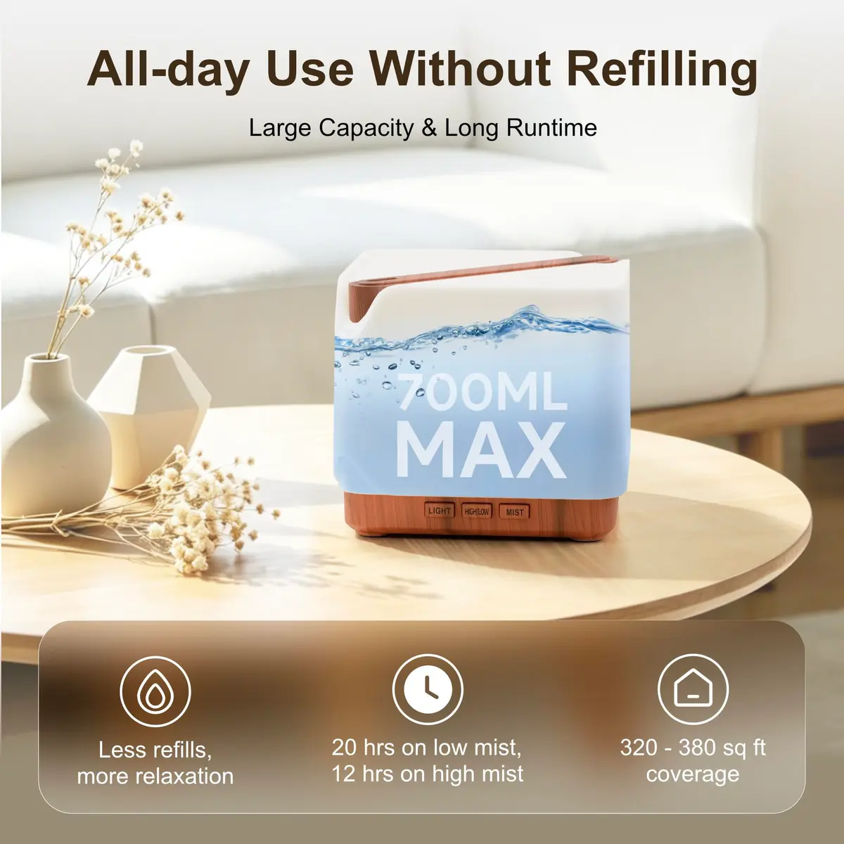 ASAKUKI Essential Oil Diffuser for Home Large 700 ml Humidifier | 32 sq m Coverage - view 5
