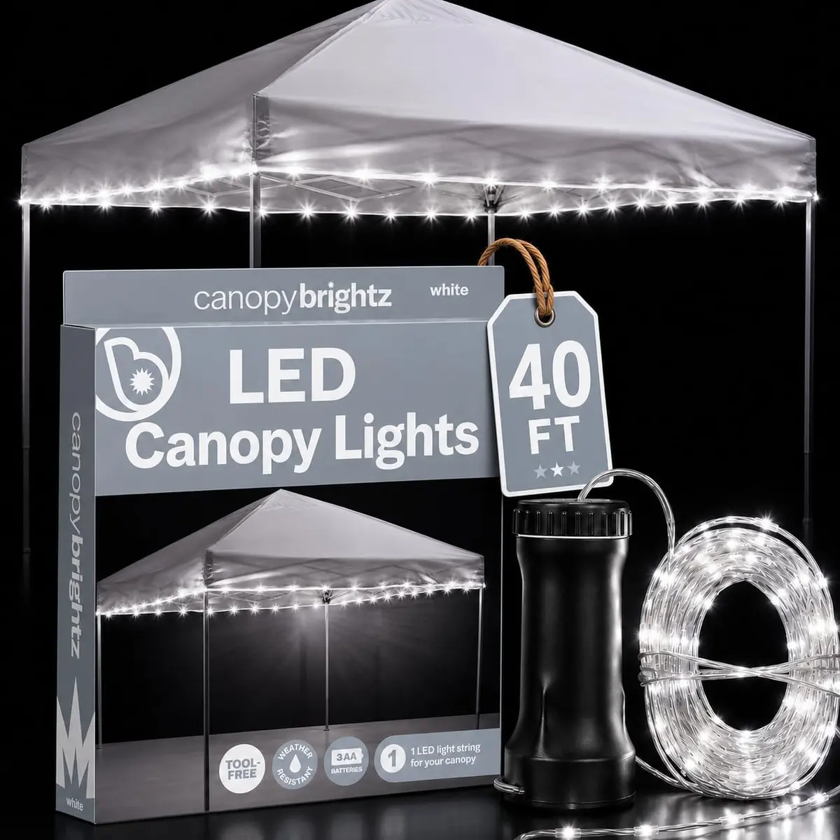 Brightz LED Canopy Lights, White 40ft String Light for 10x10 Tents | Weather-Resistant, Battery-Operated, Perfect for Outdoor Canopies - main product image