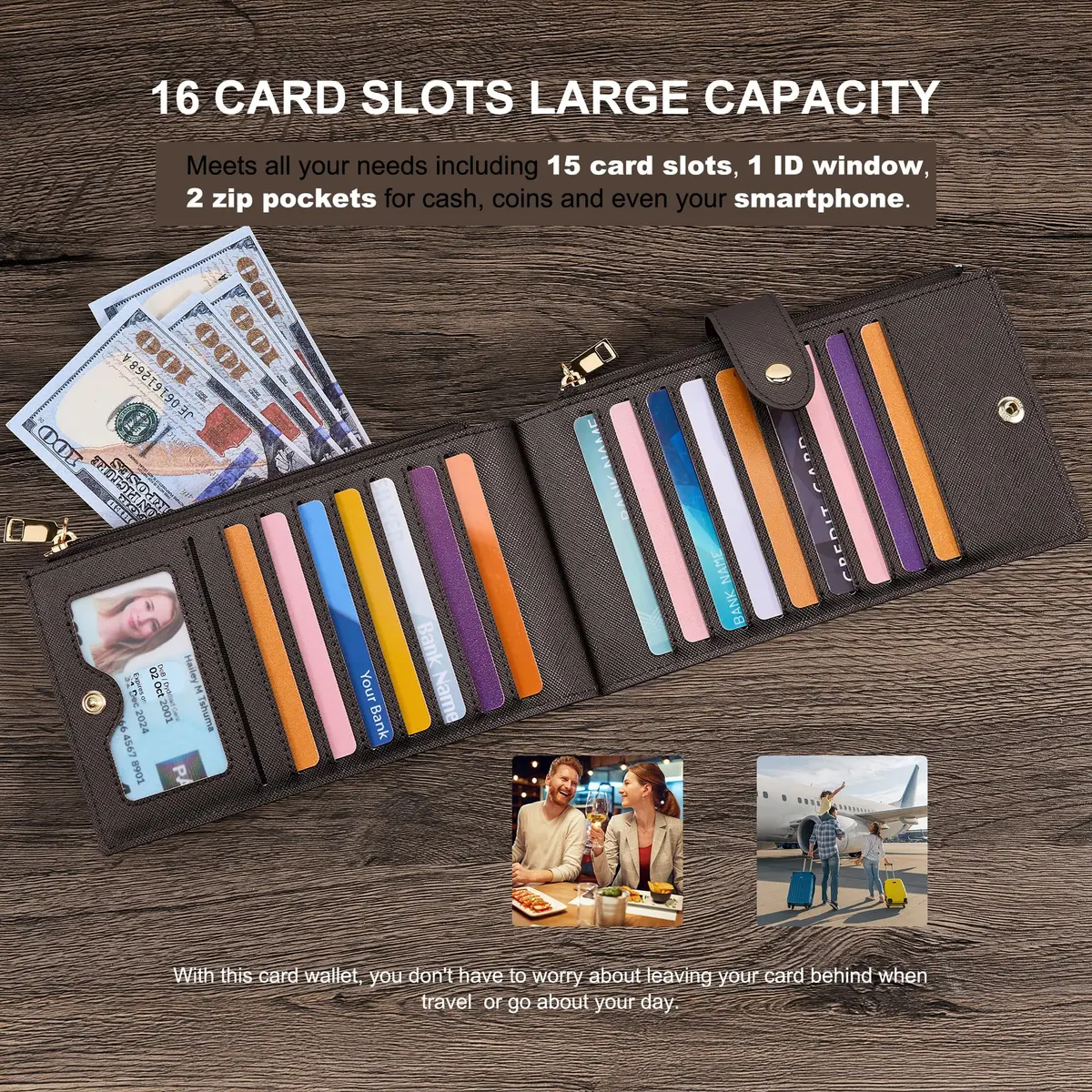 Travelambo RFID Wallet Women Large Size Bifold Multi Card Wallet Case with Zipper Pocket, 18 Pockets, Coffee - view 5