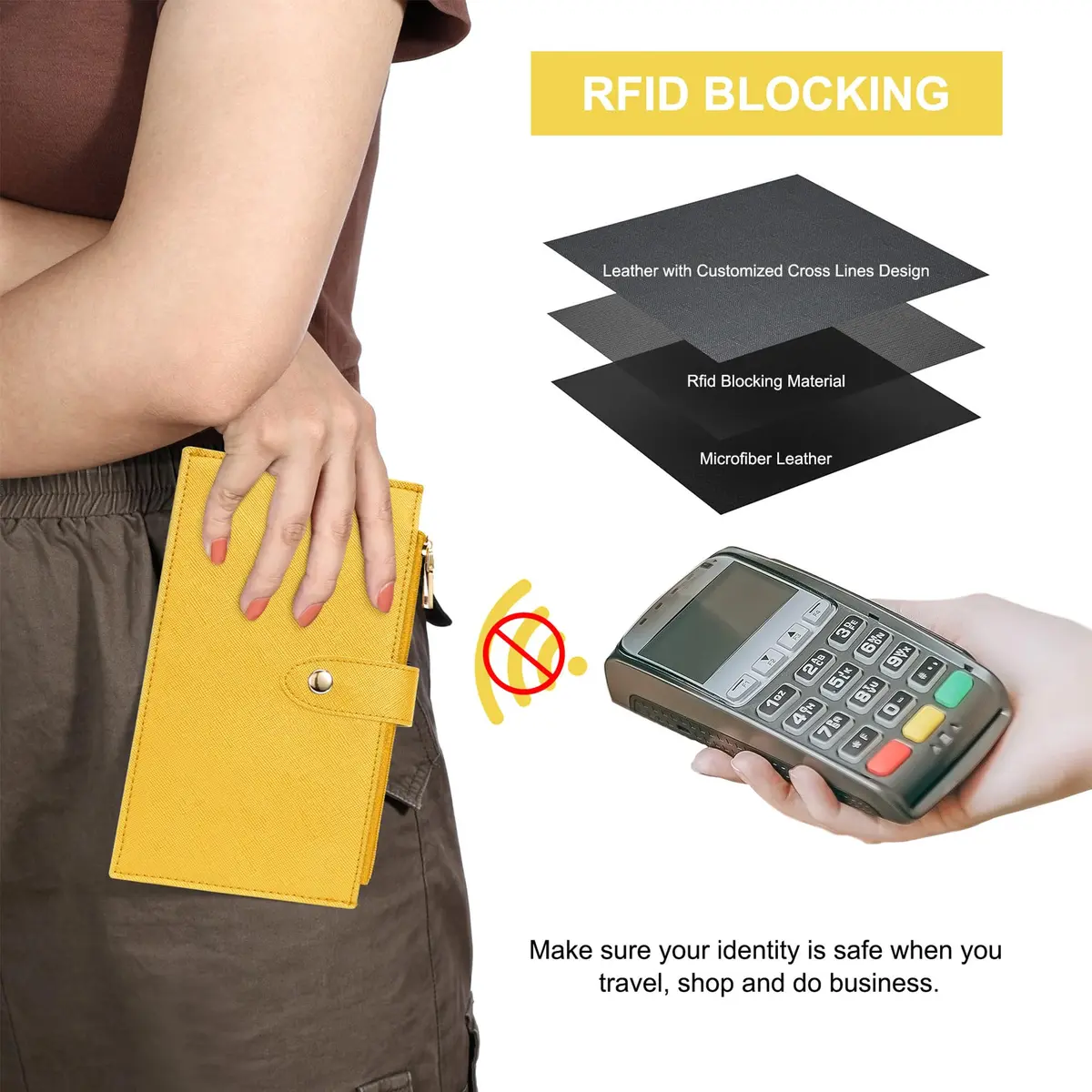 Travelambo RFID Wallet Women Large Size Bifold Multi Card Wallet Case with Zipper Pocket, 15 Card Slots, Yellow | Genuine Leather, RFID Blocking - view 4