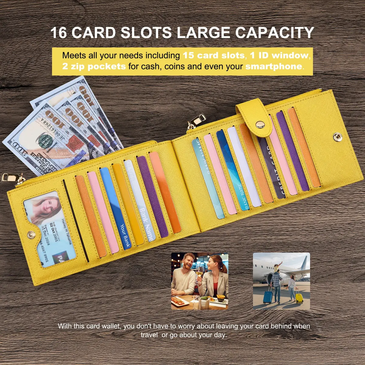 Travelambo RFID Wallet Women Large Size Bifold Multi Card Wallet Case with Zipper Pocket, 15 Card Slots, Yellow | Genuine Leather, RFID Blocking - view 5