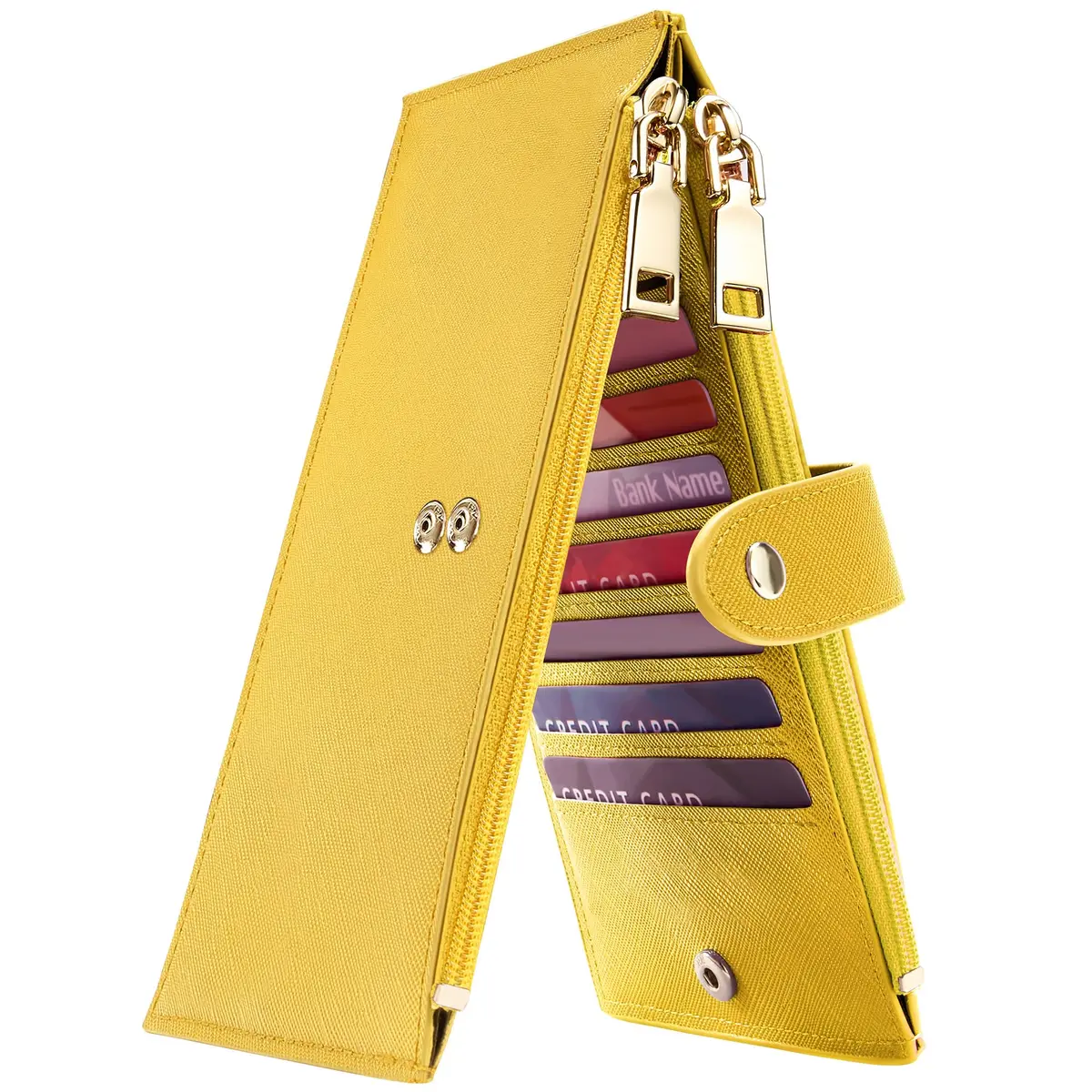 Travelambo RFID Wallet Women Large Size Bifold Multi Card Wallet Case with Zipper Pocket, 15 Card Slots, Yellow | Genuine Leather, RFID Blocking - main product image
