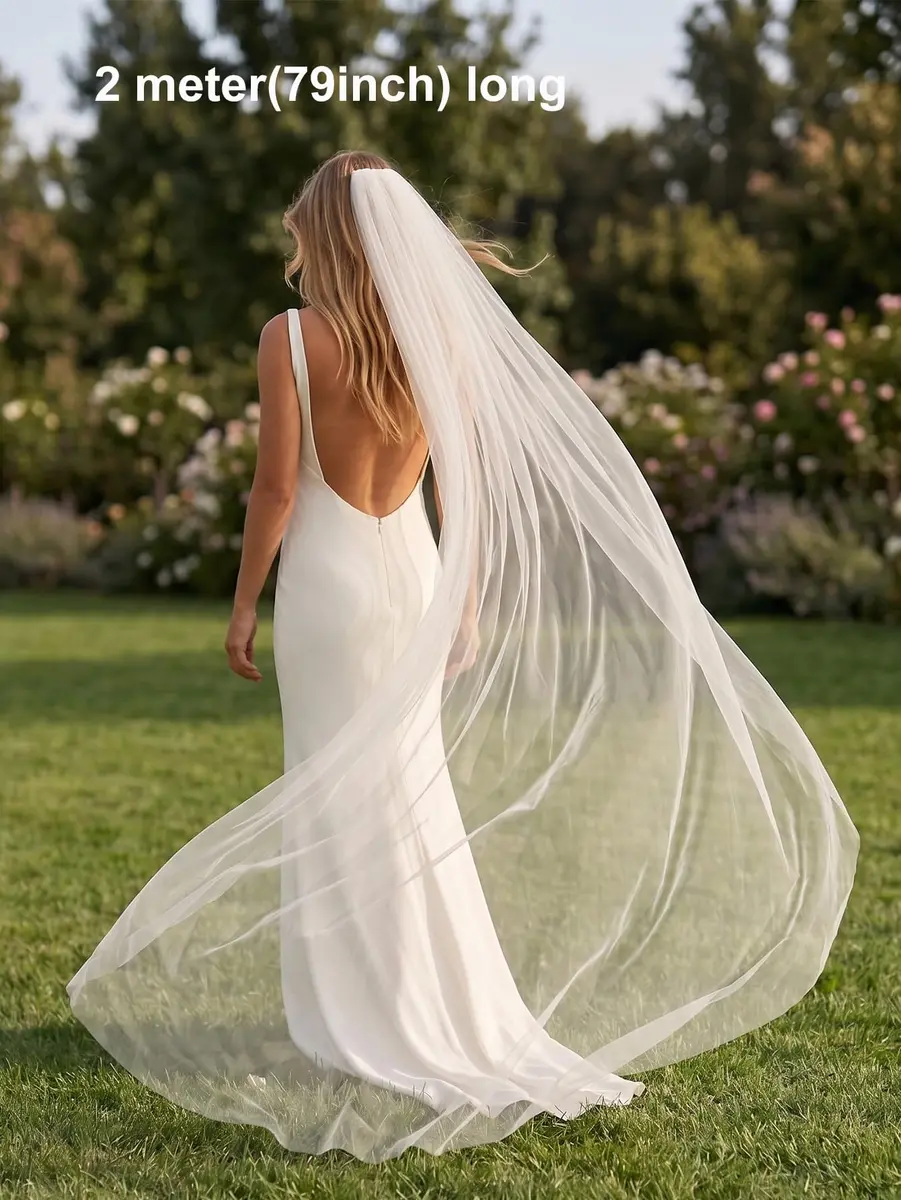 EllieWely 1 Tier Plain Tulle Wedding Bridal Veil Ivory 3M | Classic Elegant Bridal Accessory - view 5