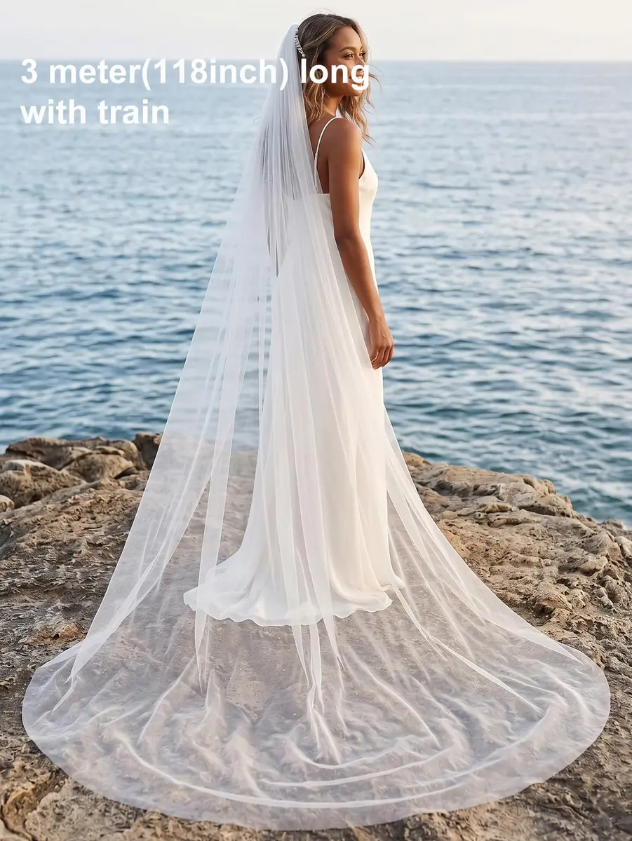 EllieWely 1 Tier Plain Tulle Wedding Bridal Veil Ivory 3M | Classic Elegant Bridal Accessory - view 2